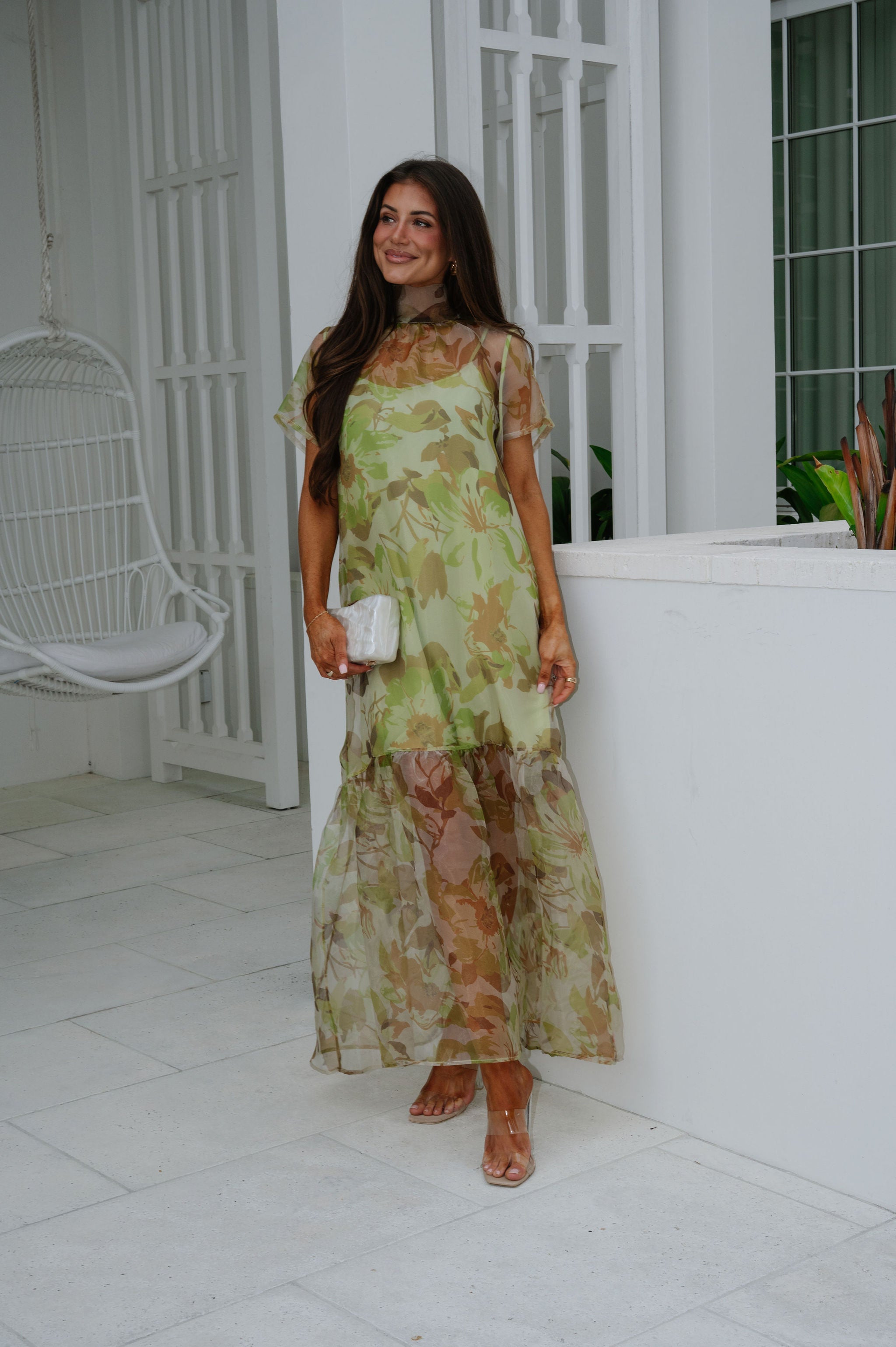 Josie Floral Organza Maxi Dress-Green Multi