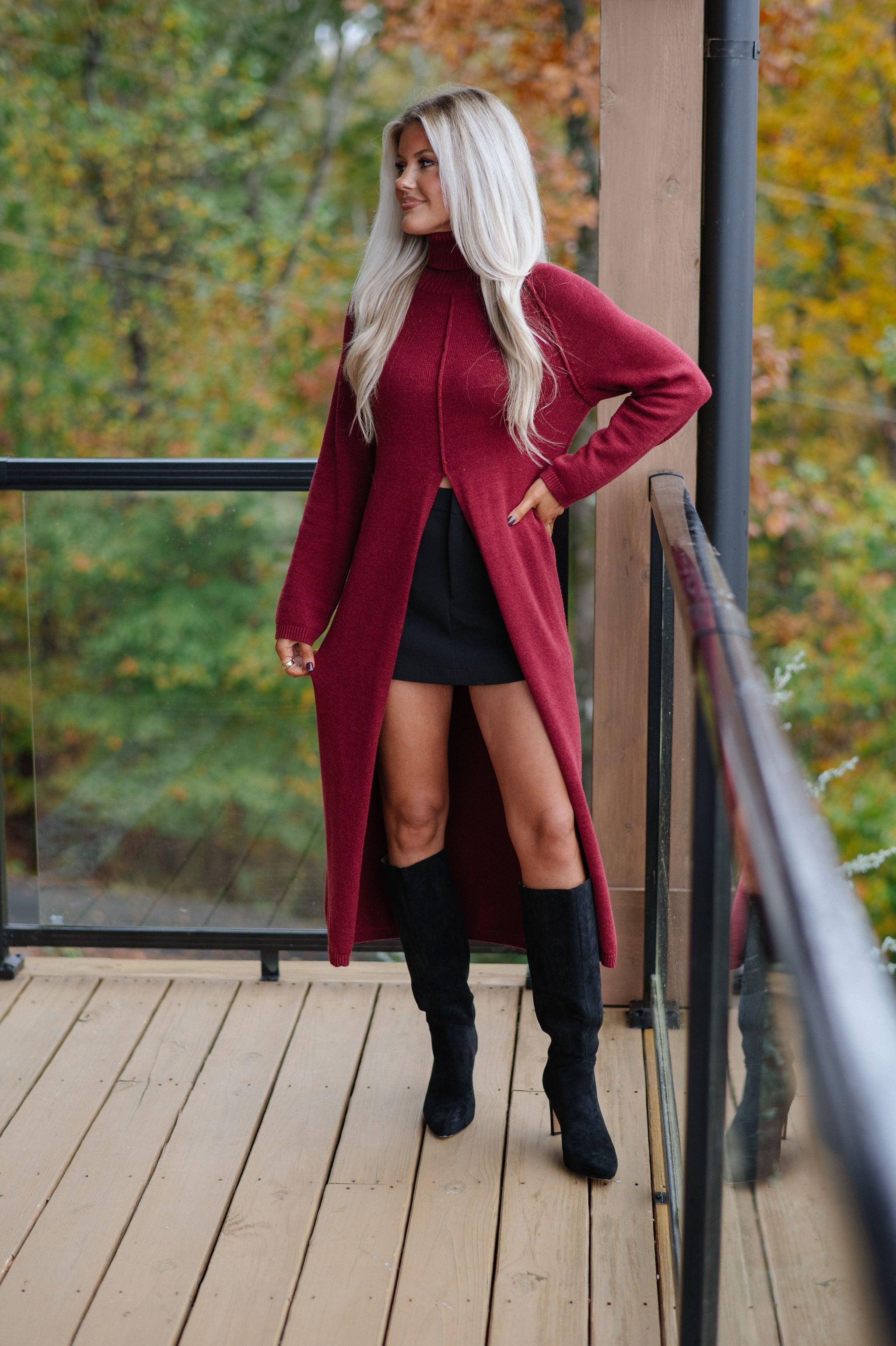 Split Hem Long Sweater-Burgundy