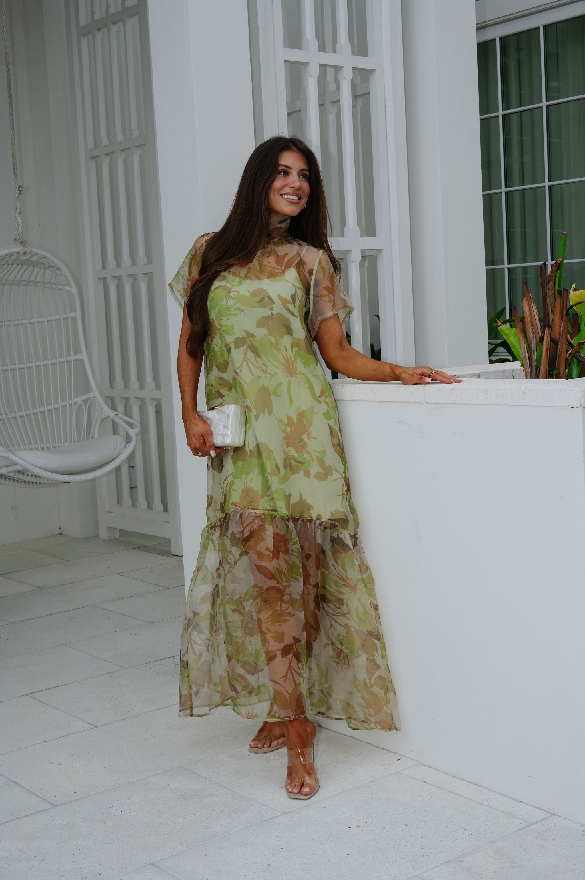open lace back dress Josie Floral Organza Maxi Dress-Green Multi