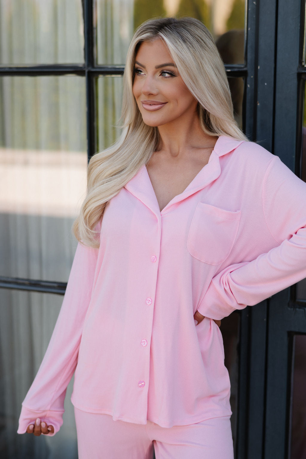 Grace Ribbed Pajama Set- Pink