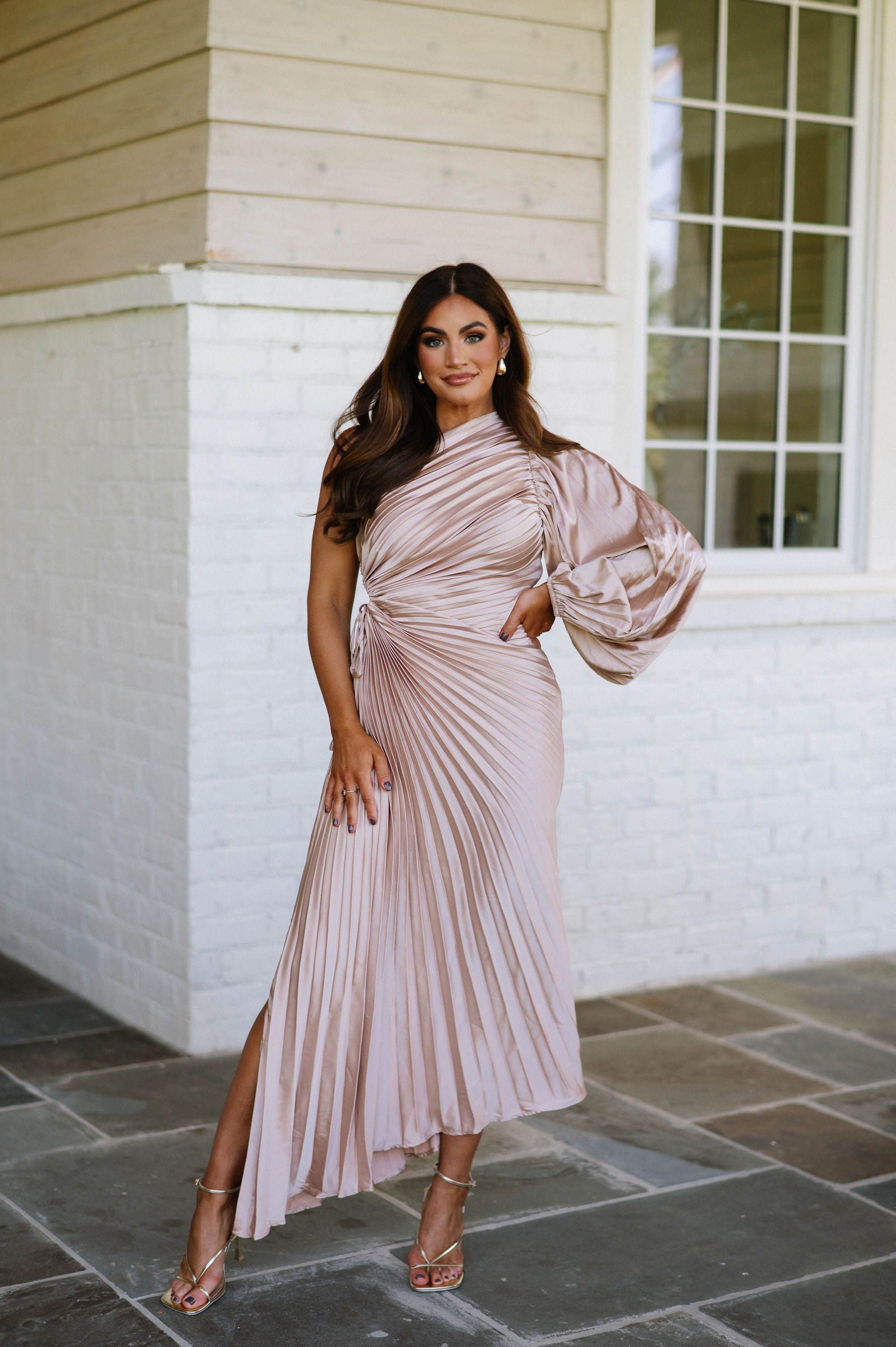 Pleated Asymmetrical Dress-Champagne