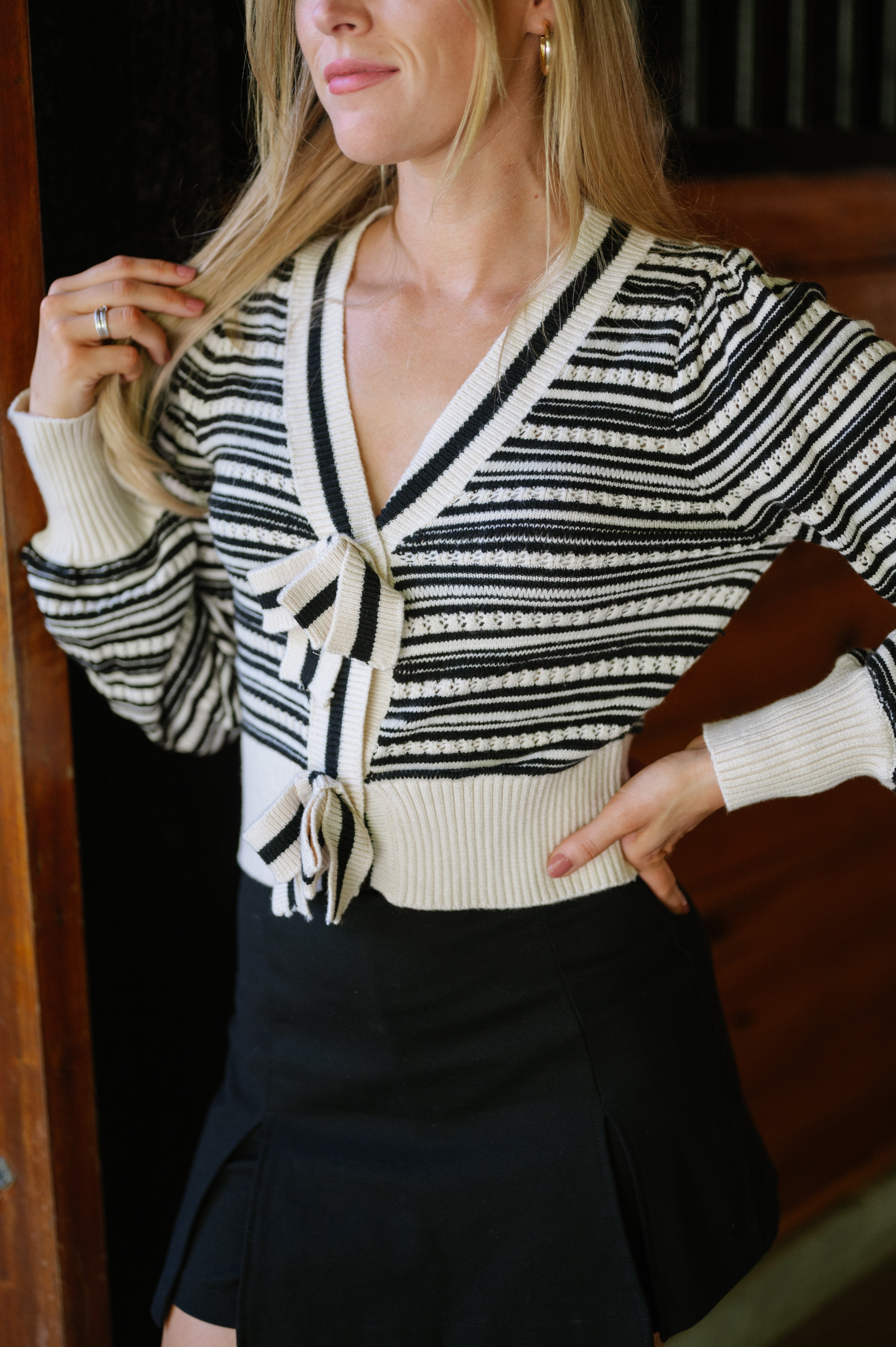 Striped Bow Cardigan-Oatmeal/Black