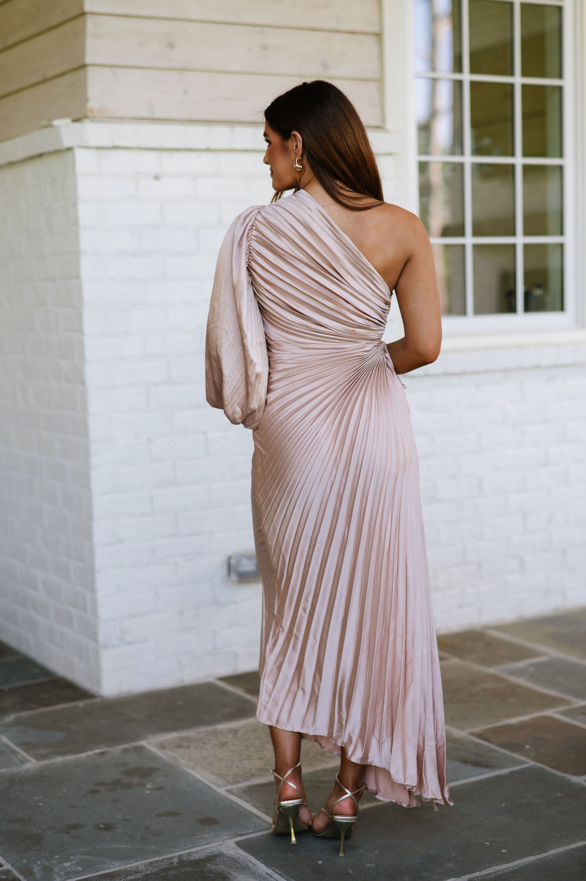 Pleated Asymmetrical Dress-Champagne