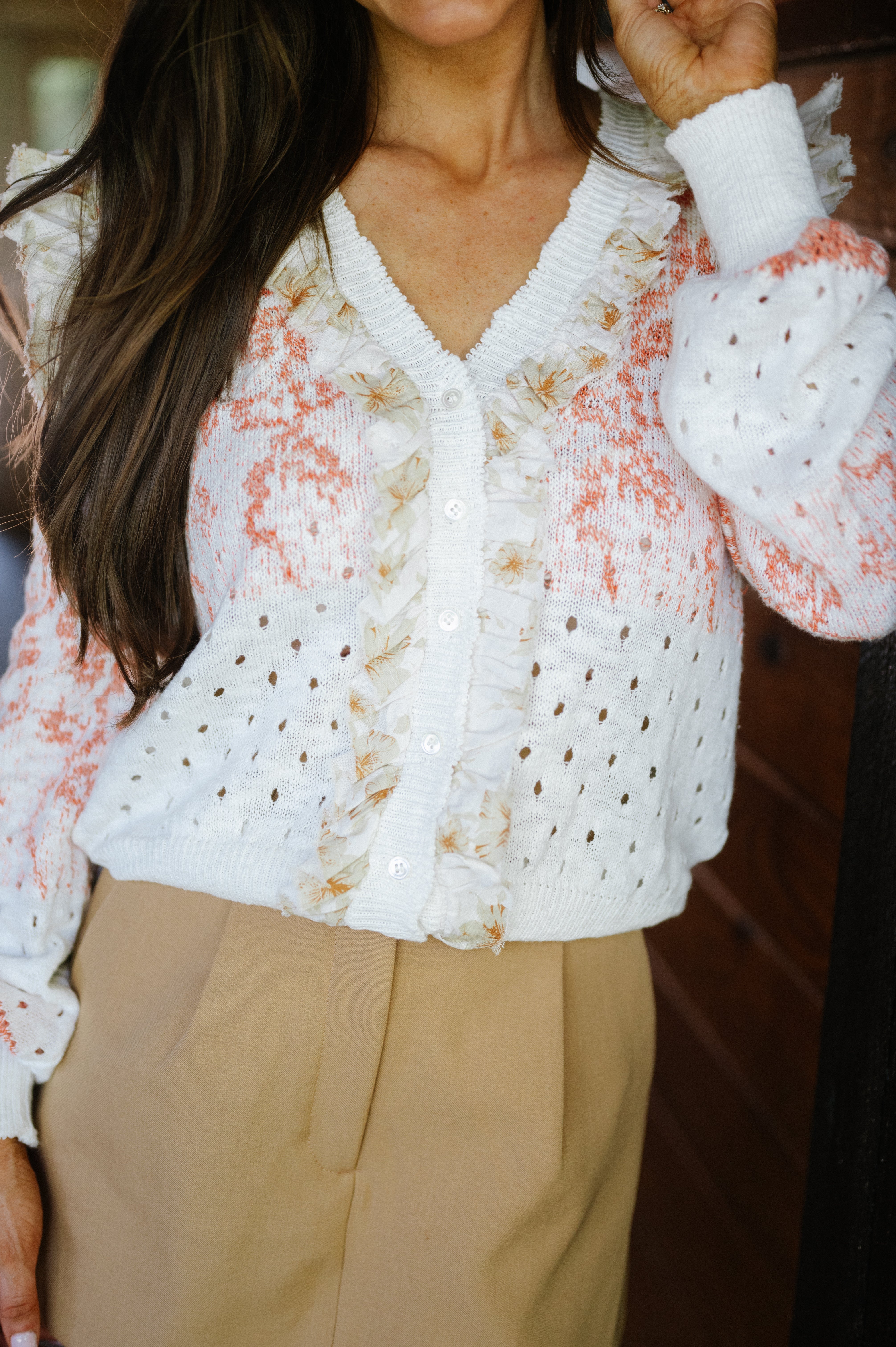 Annie Ruffled Cardigan- Ivory/Coral