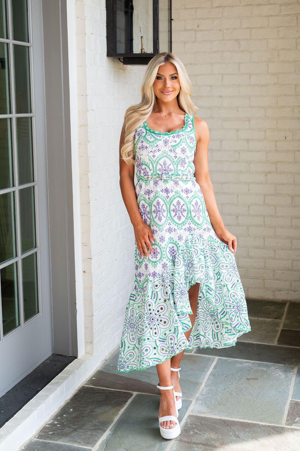 Elliot Embroidered High Low Maxi- Green/Purple