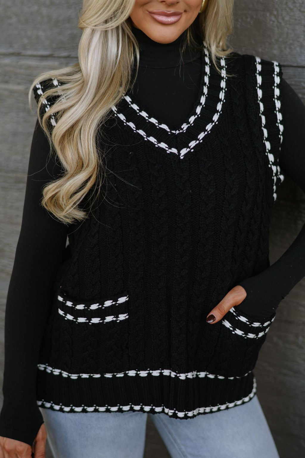 Cable Knit Sweater Vest - Black/White