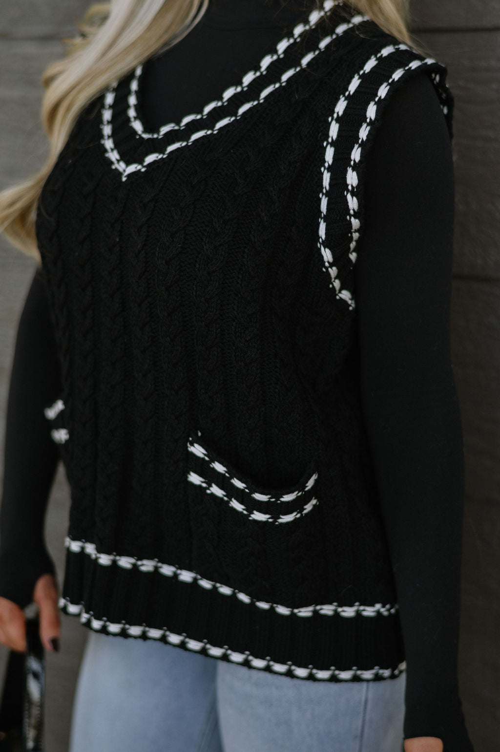 Cable Knit Sweater Vest - Black/White