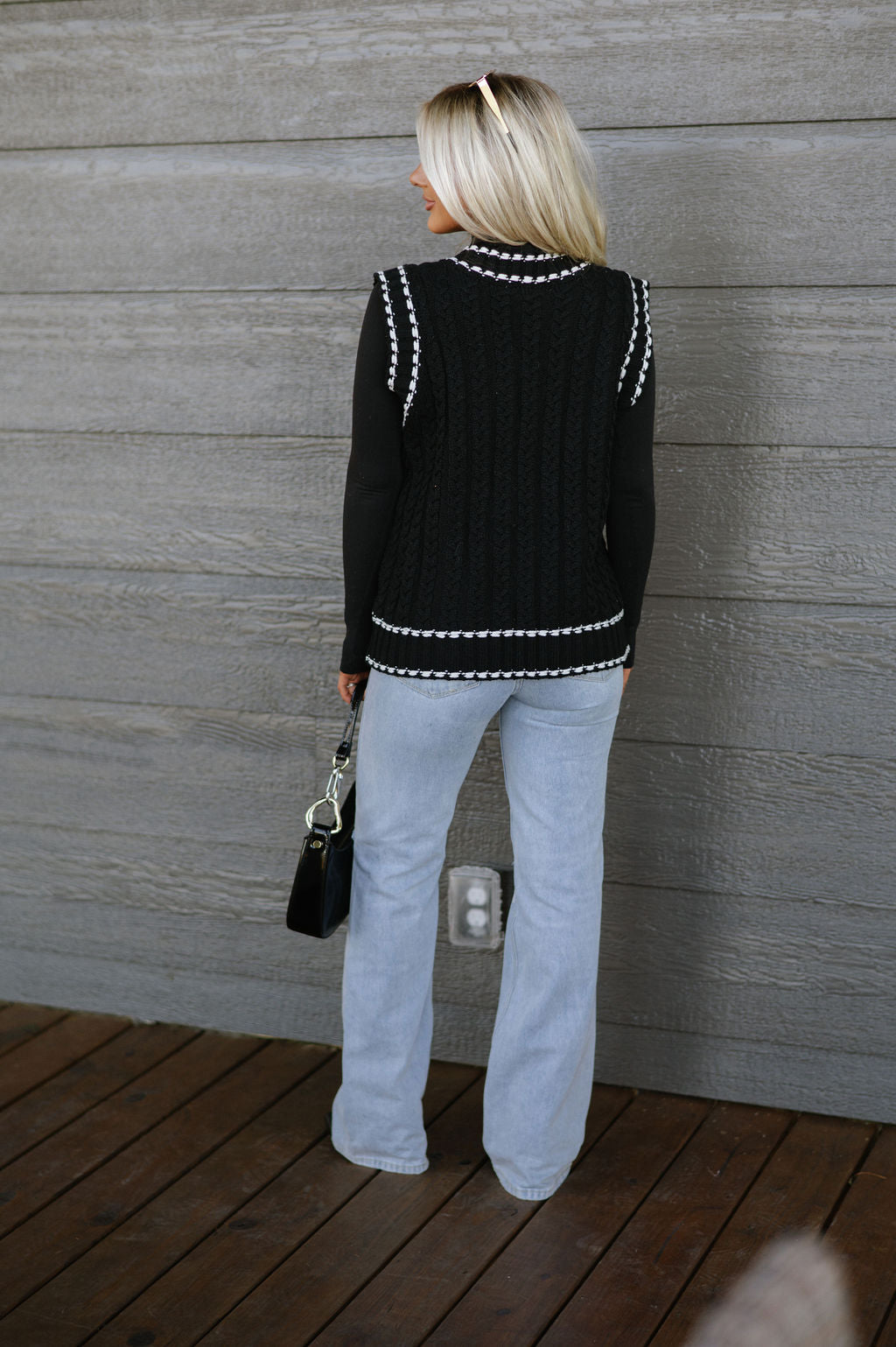 Cable Knit Sweater Vest - Black/White