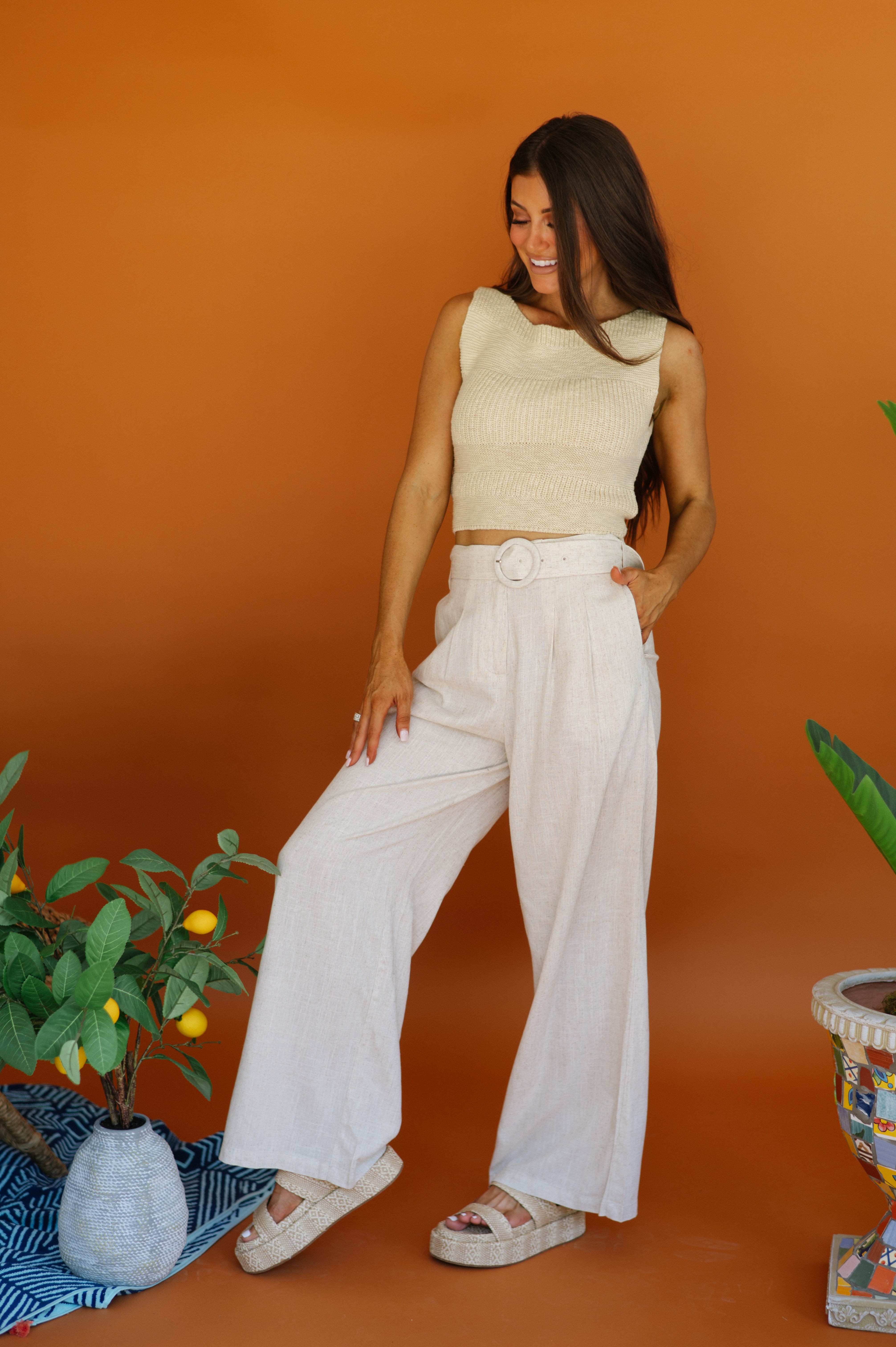 High Waisted Linen Pants-Oatmeal