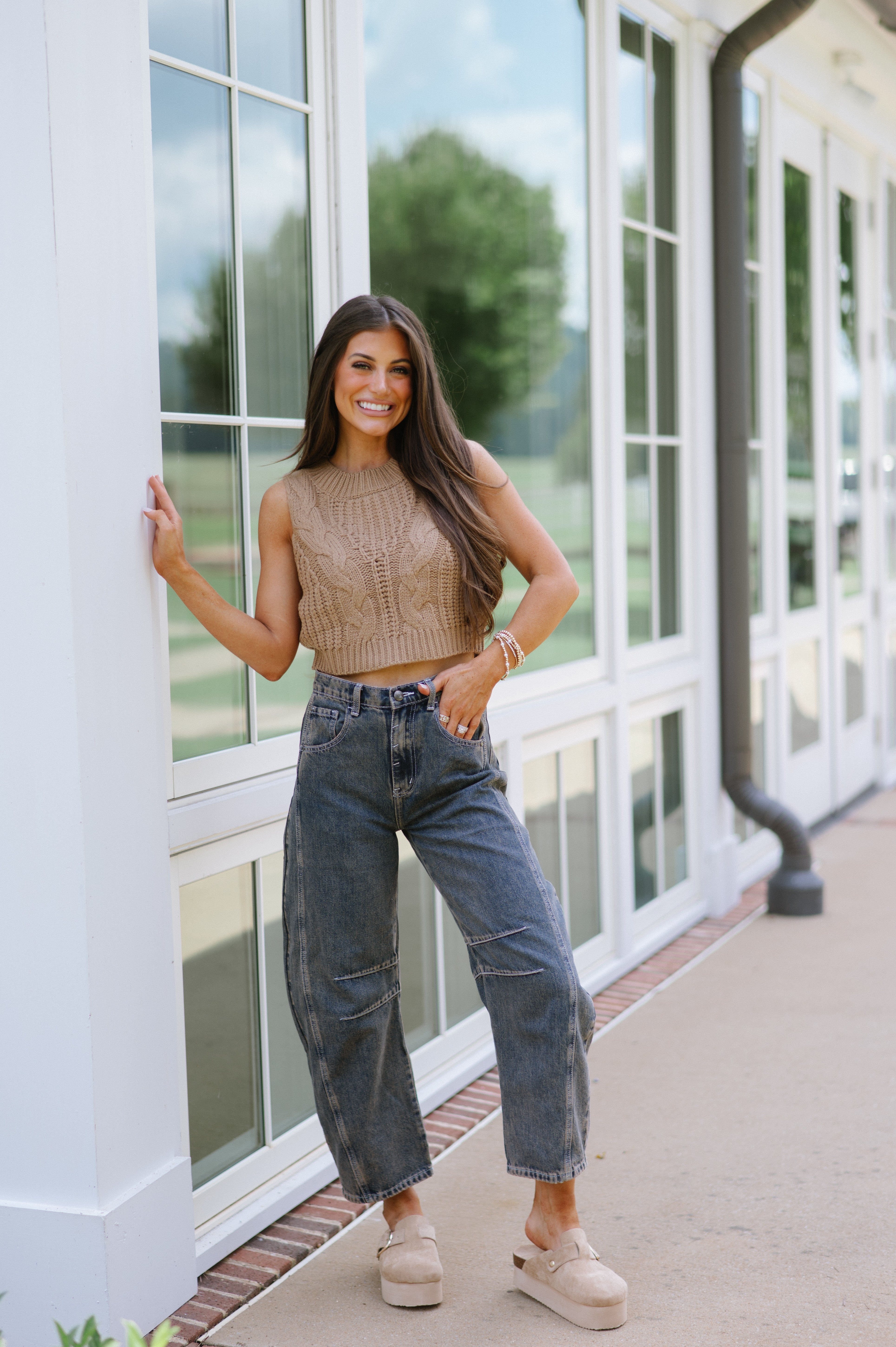 Sleeveless Cable Sweater Top-Camel