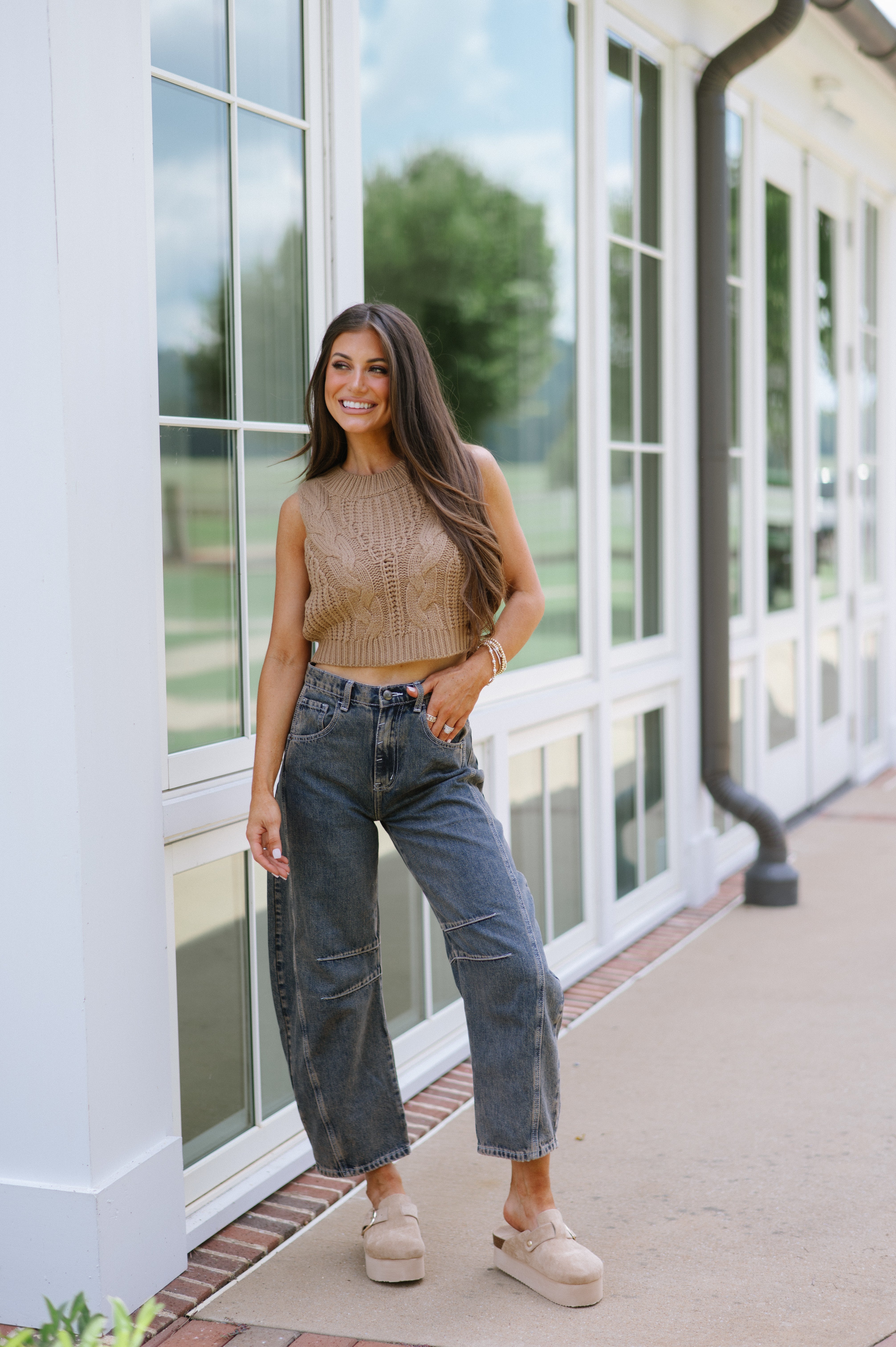 Sleeveless Cable Sweater Top-Camel