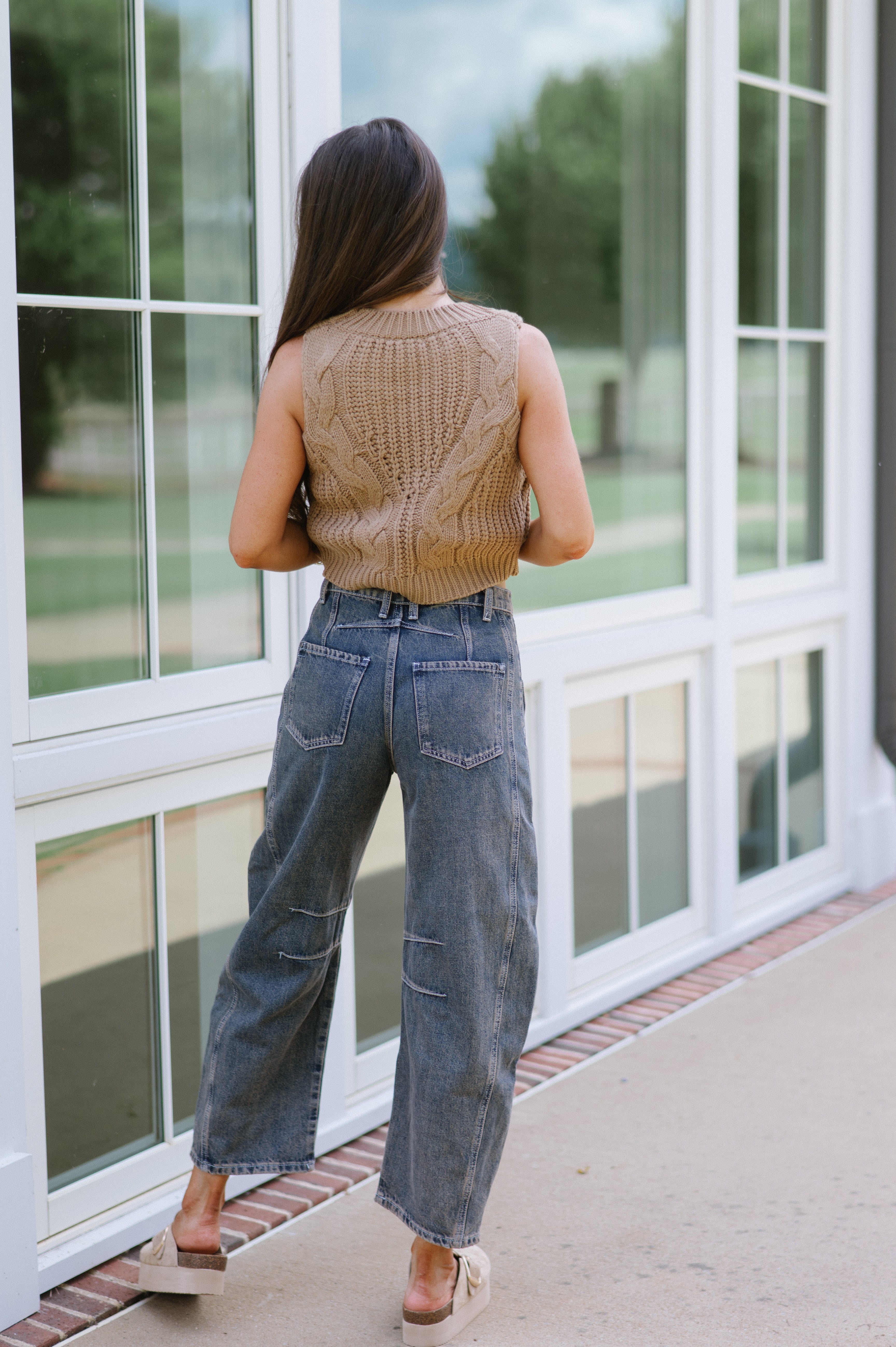 Sleeveless Cable Sweater Top-Camel