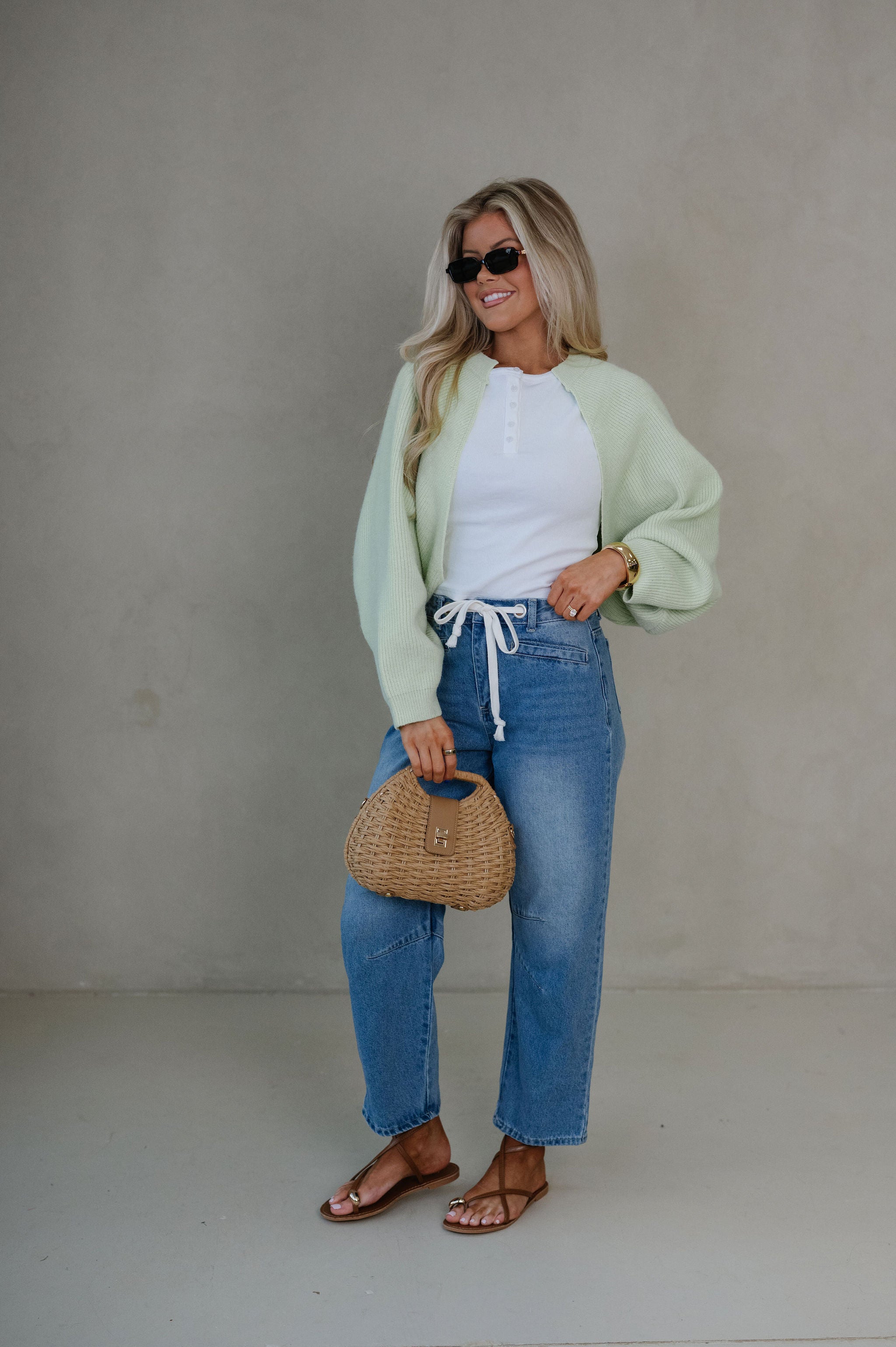 Knit Drop Shoulder Cardigan-Light Green