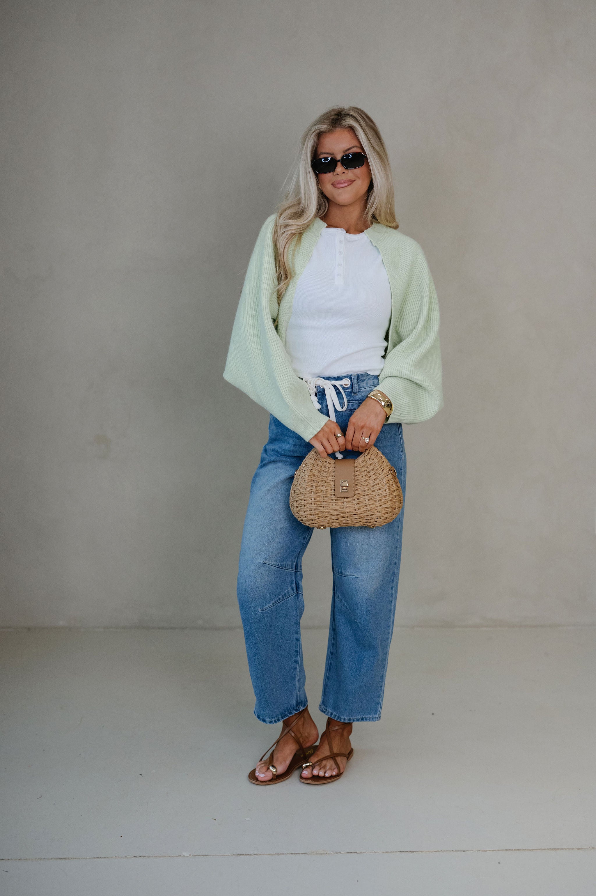 Knit Drop Shoulder Cardigan-Light Green