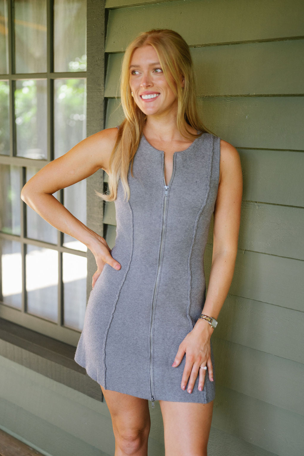 Zip Up Knit Dress-Grey