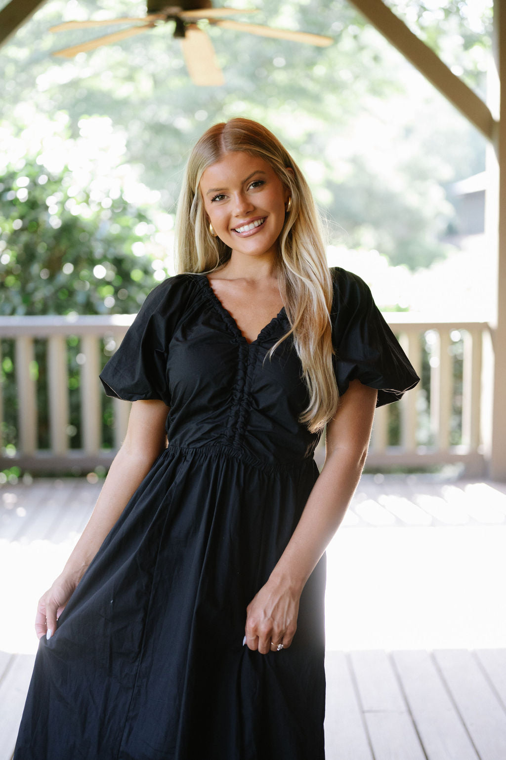 V-Neck Puff Sleeve Dress-Black