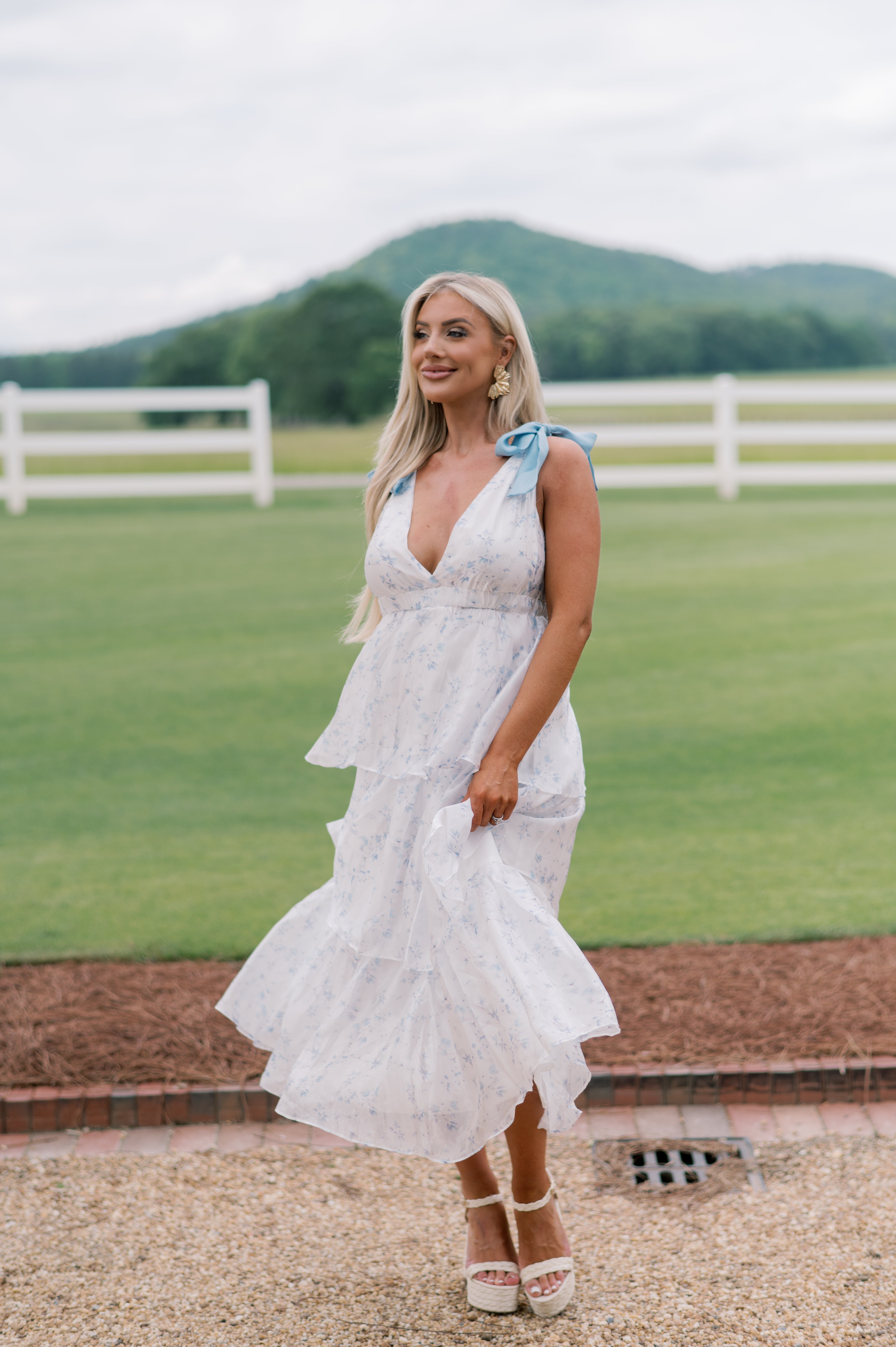 Printed Ruffle Midi Dress-Blue Floral