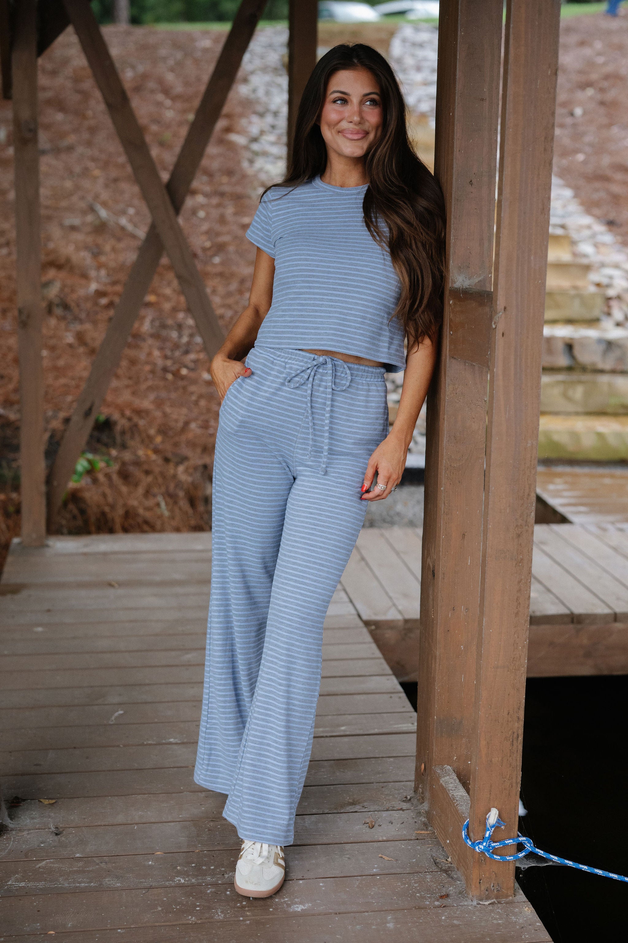 Soft Stripe Pants Set-Grey/Periwinkle