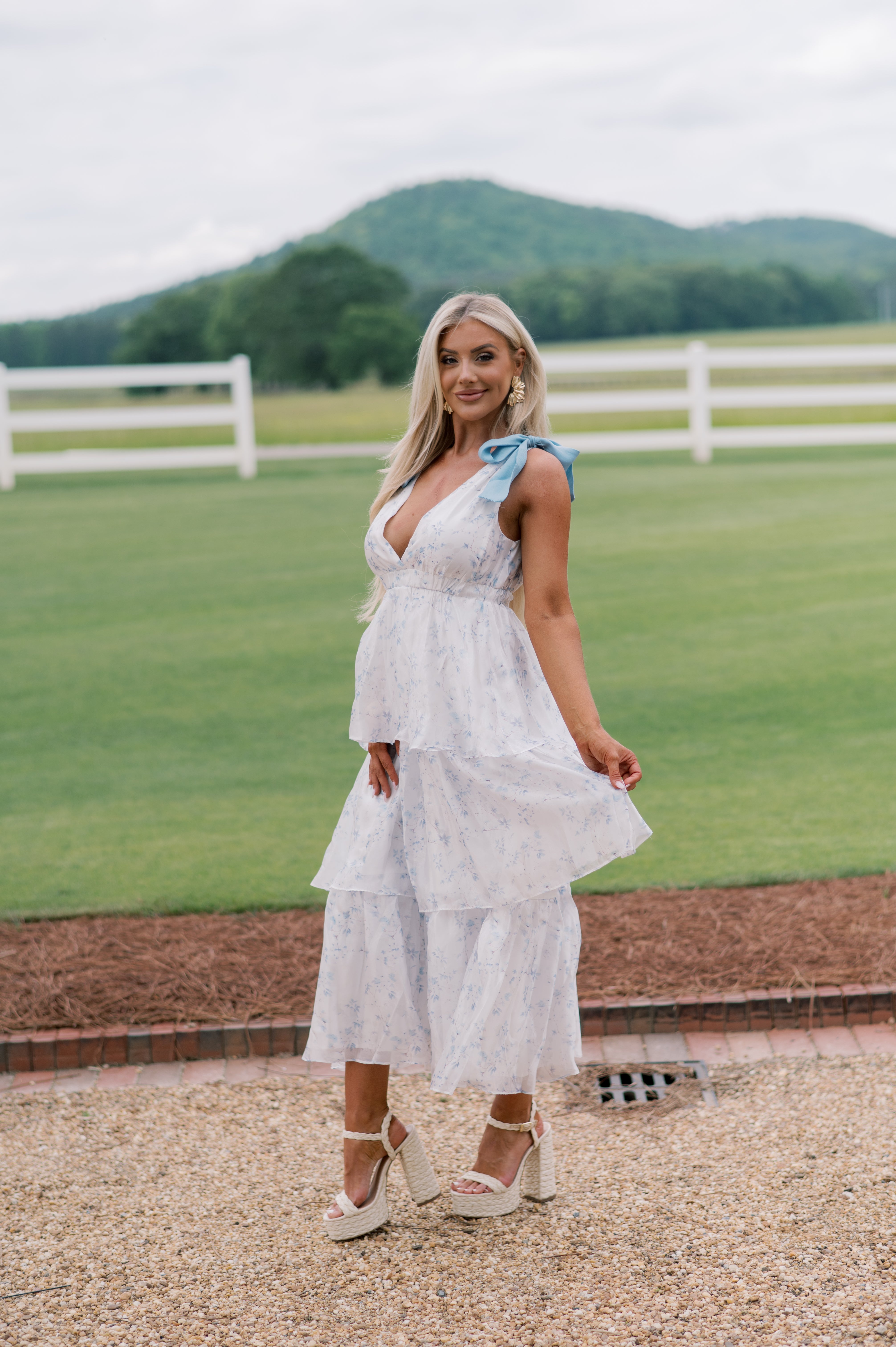 Printed Ruffle Midi Dress-Blue Floral