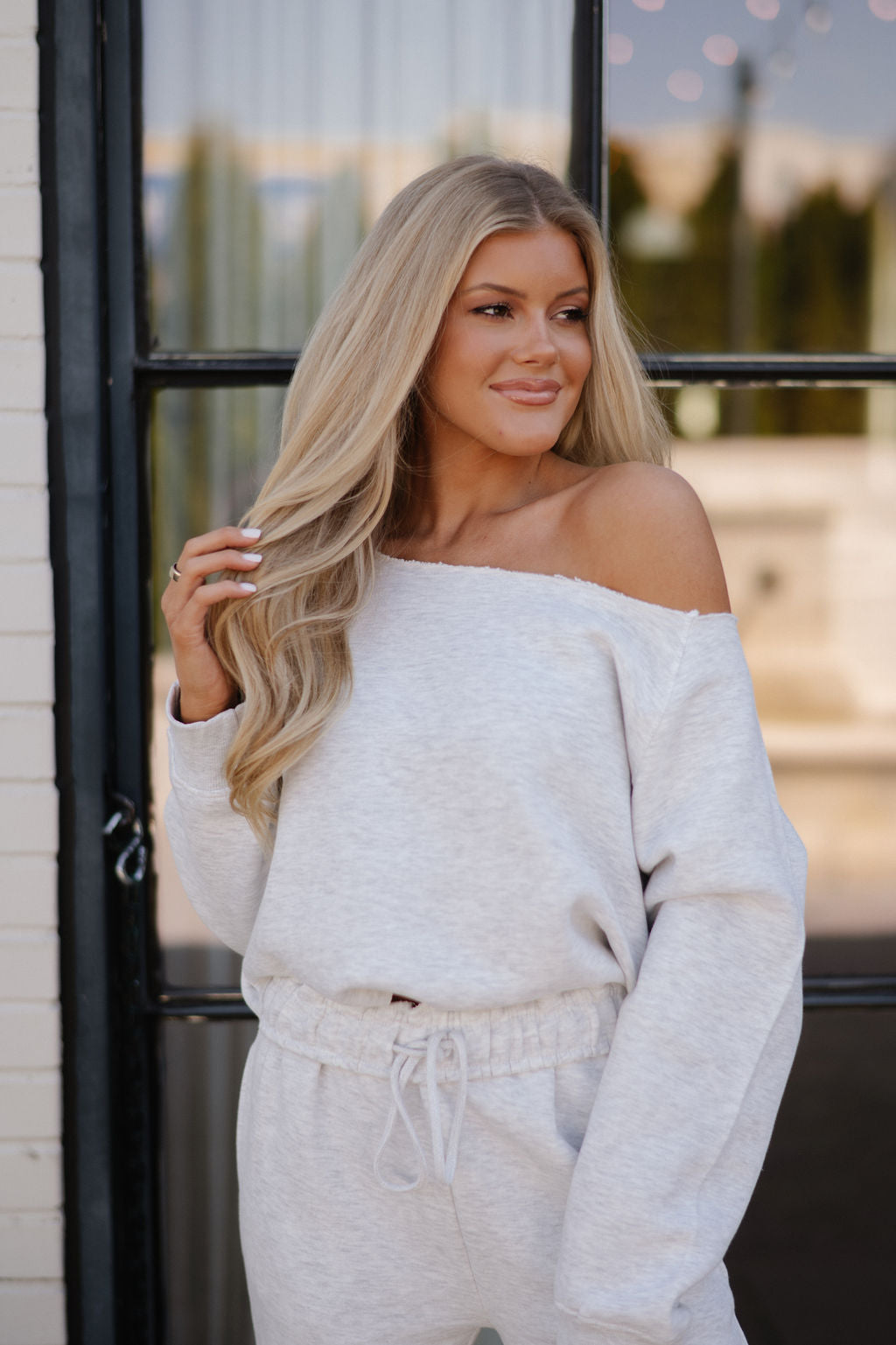 Fleece Off The Shoulder Top-Ash Grey