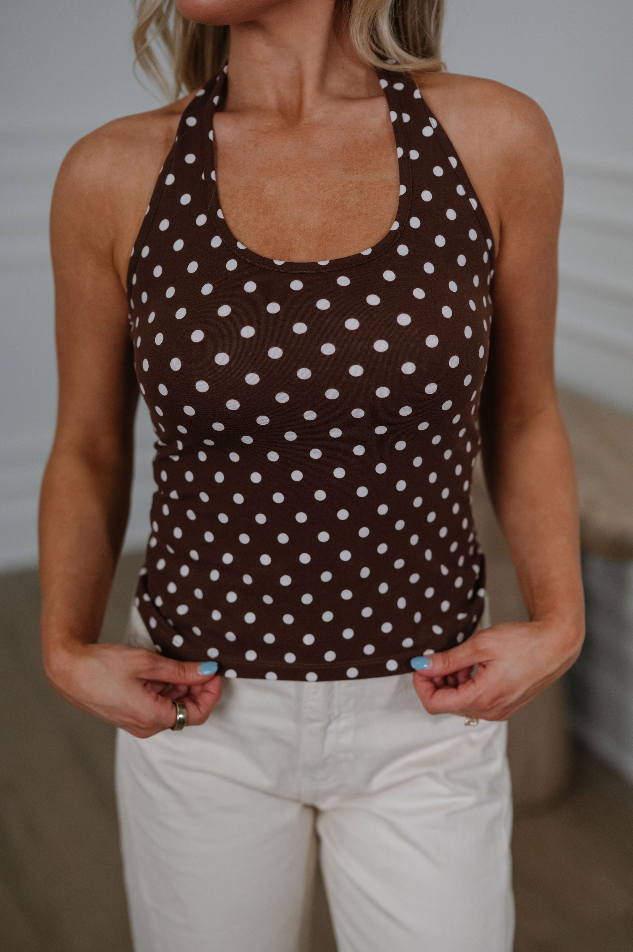 Polka Dot Halter Top-Brown