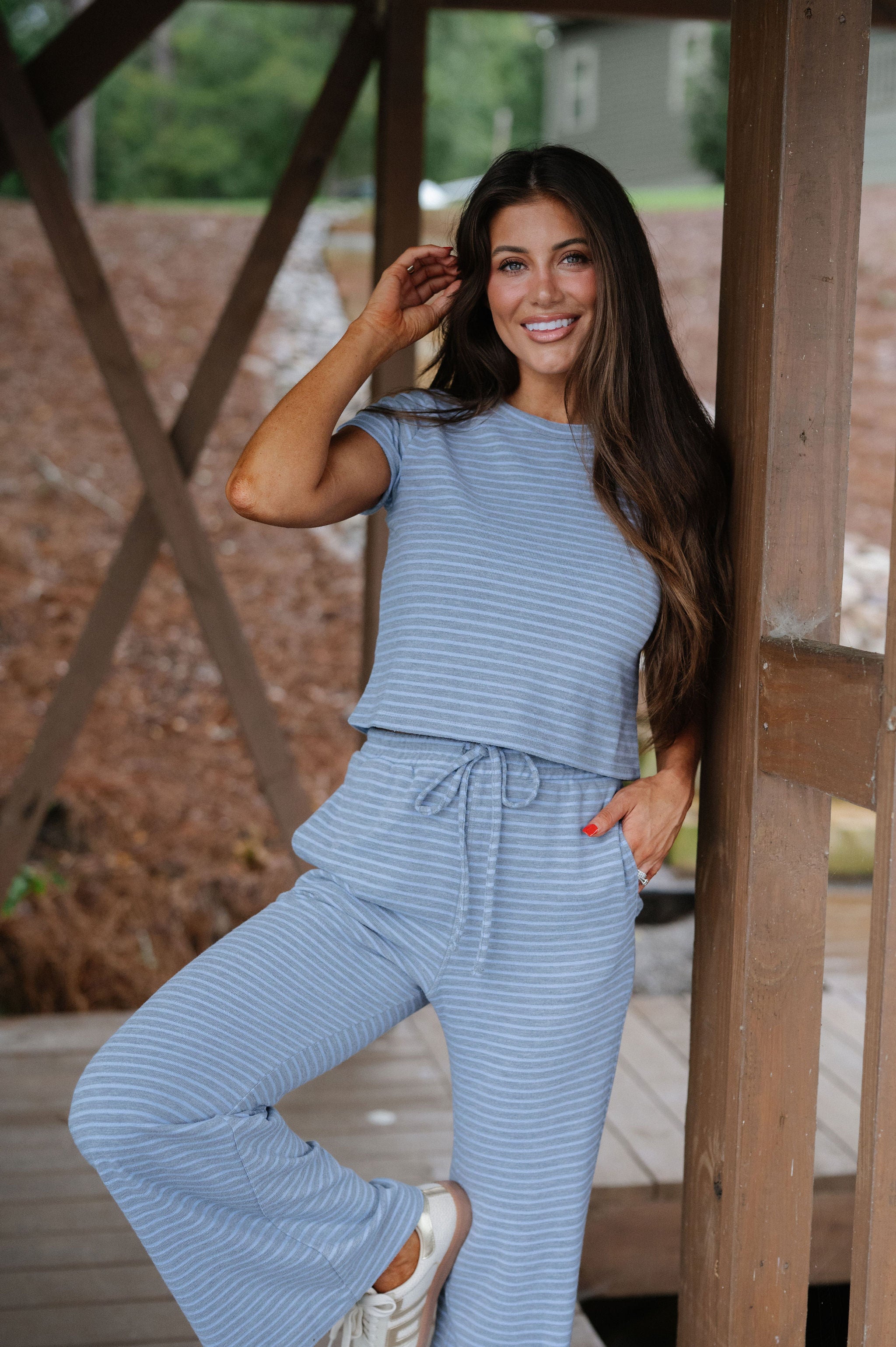 Soft Stripe Pants Set-Grey/Periwinkle