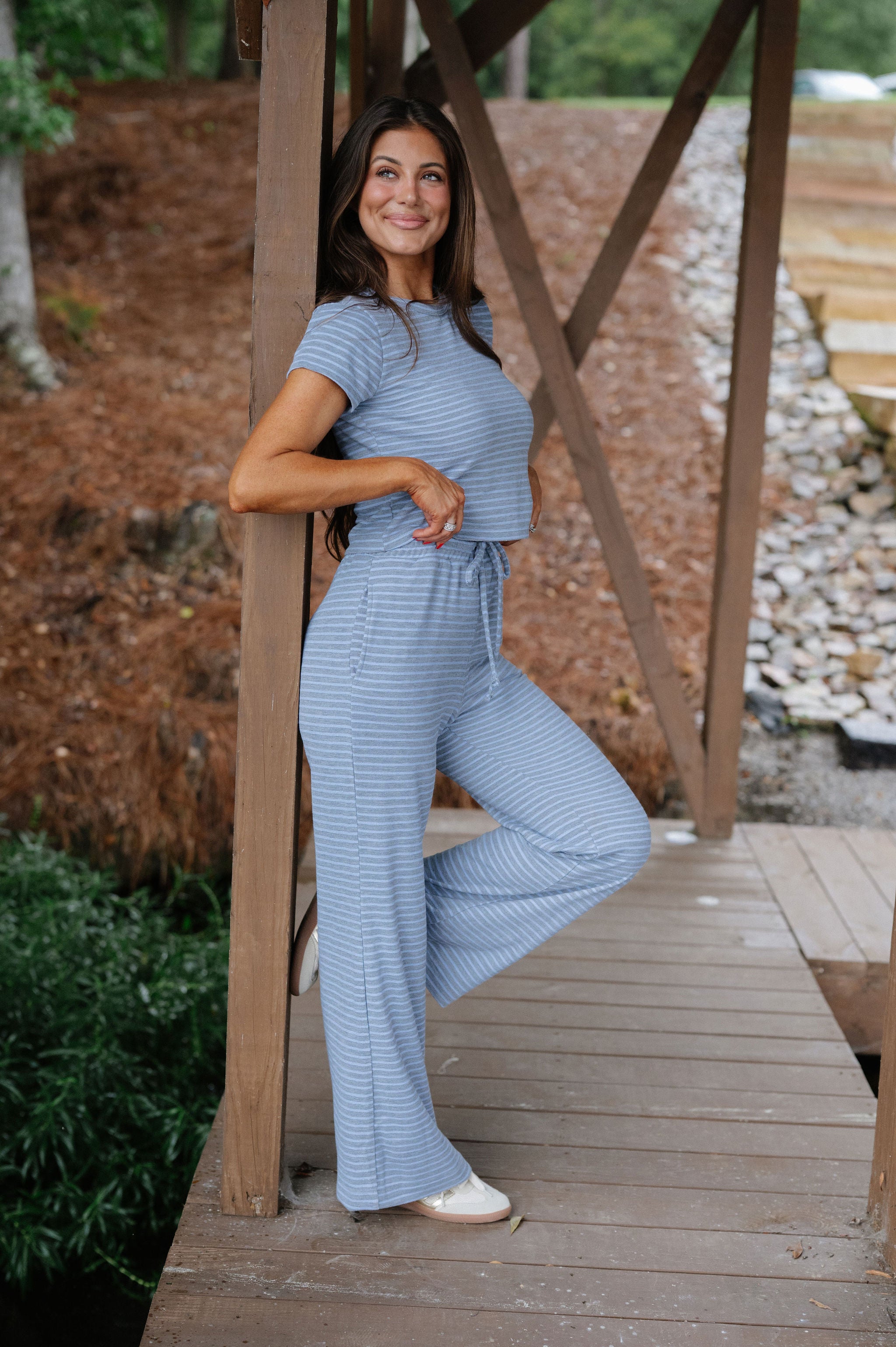 Soft Stripe Pants Set-Grey/Periwinkle