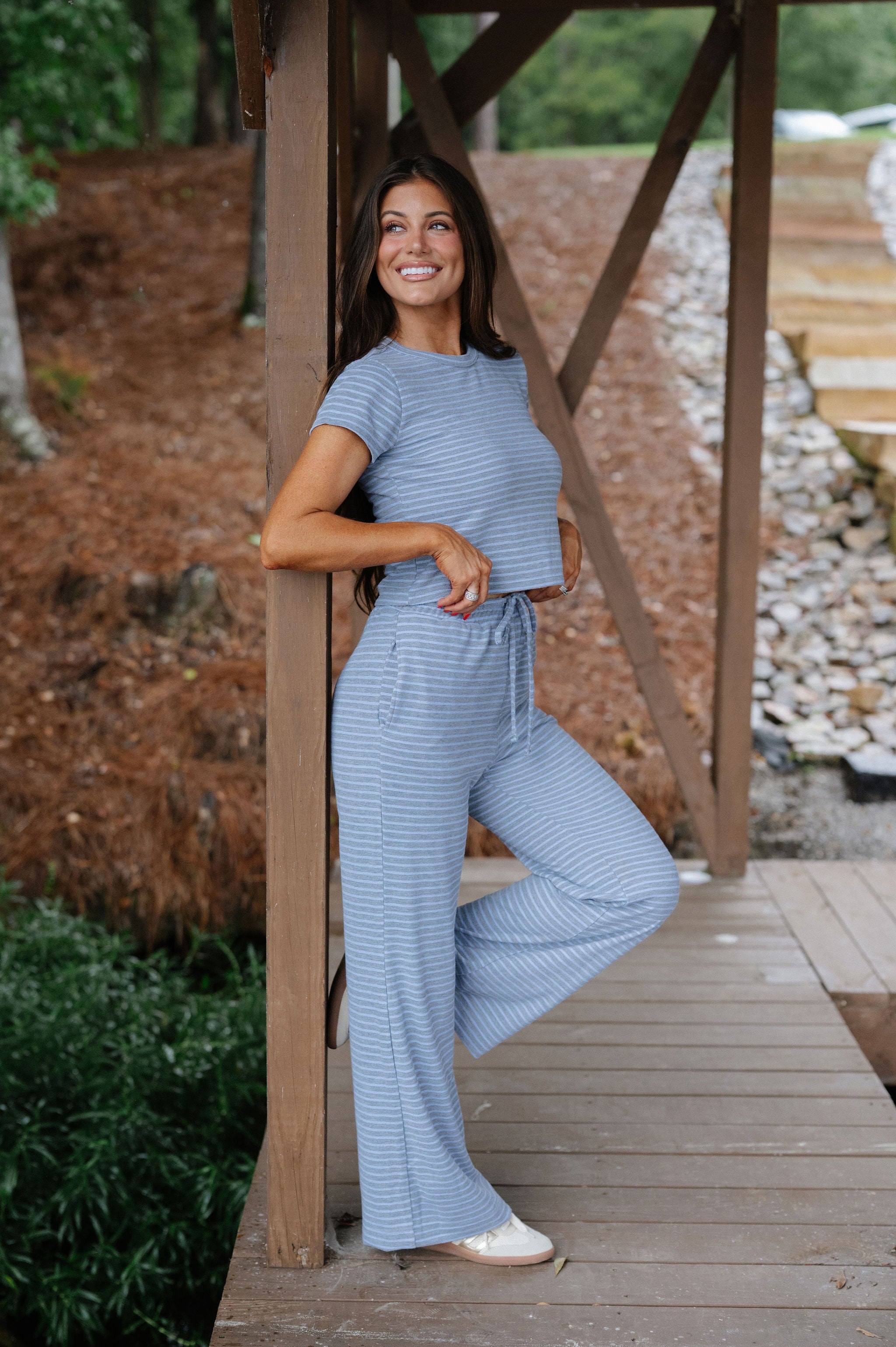 Soft Stripe Pants Set-Grey/Periwinkle