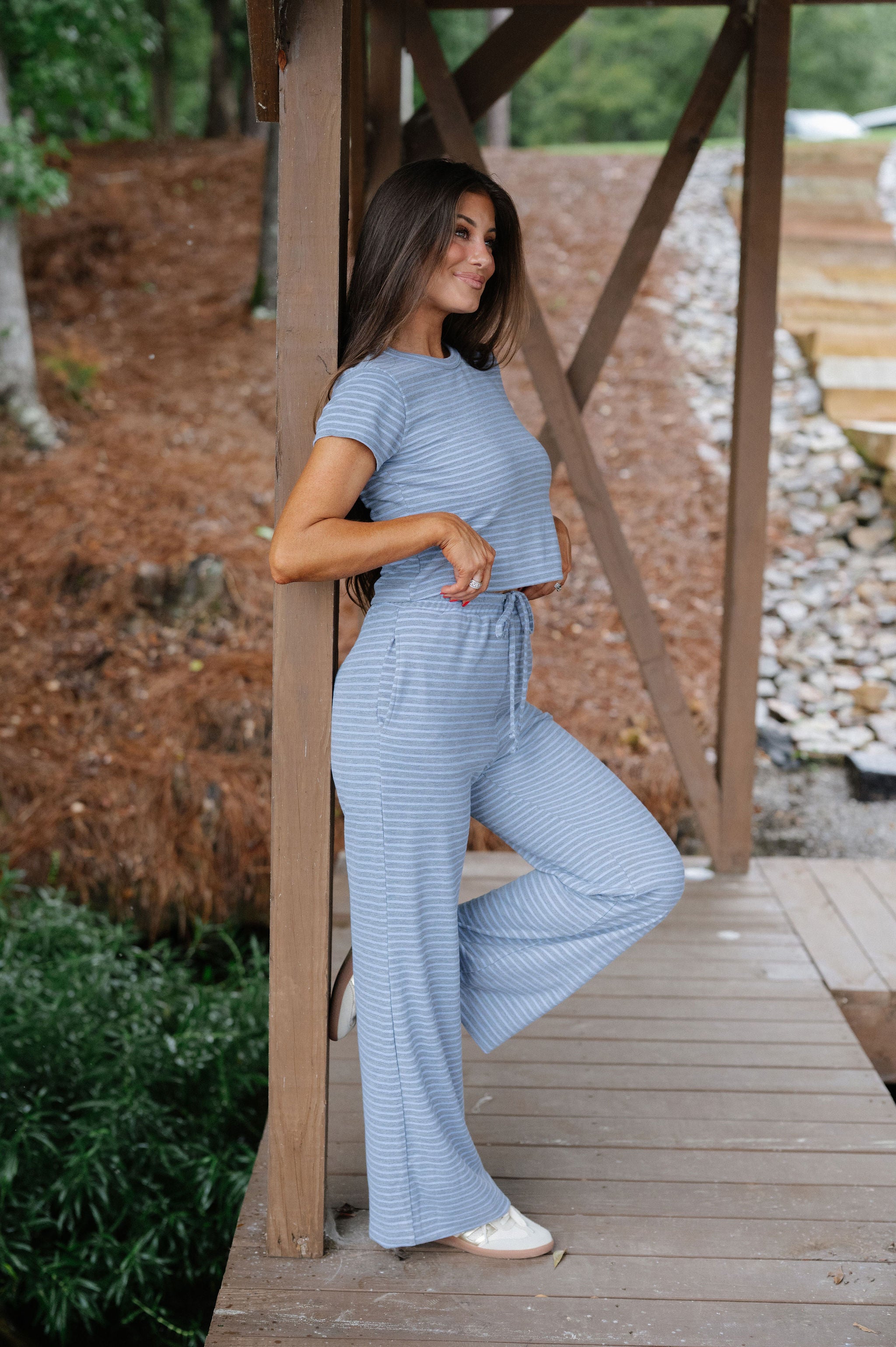 Soft Stripe Pants Set-Grey/Periwinkle