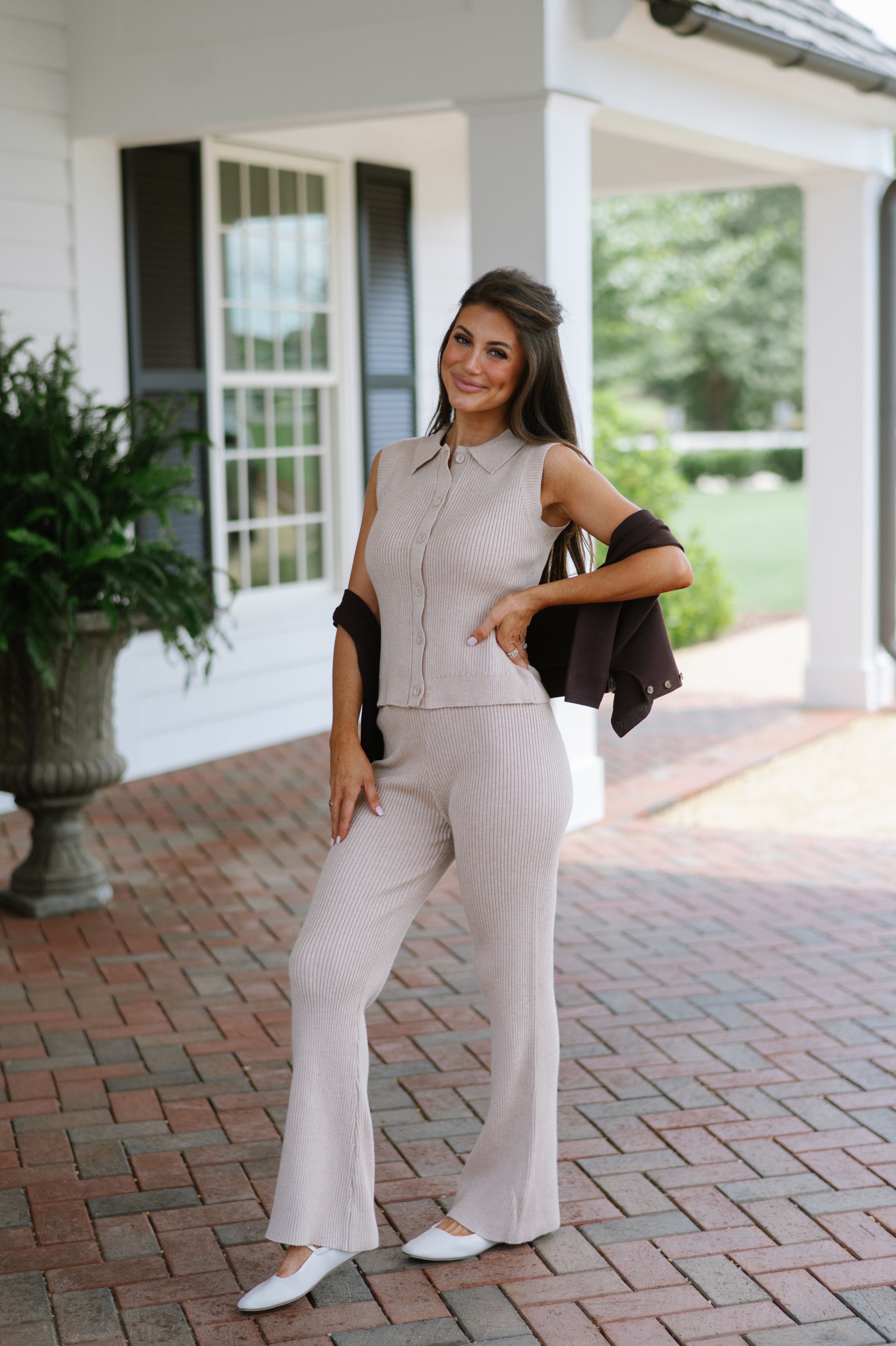 Button Front Sweater Pants Set- Taupe