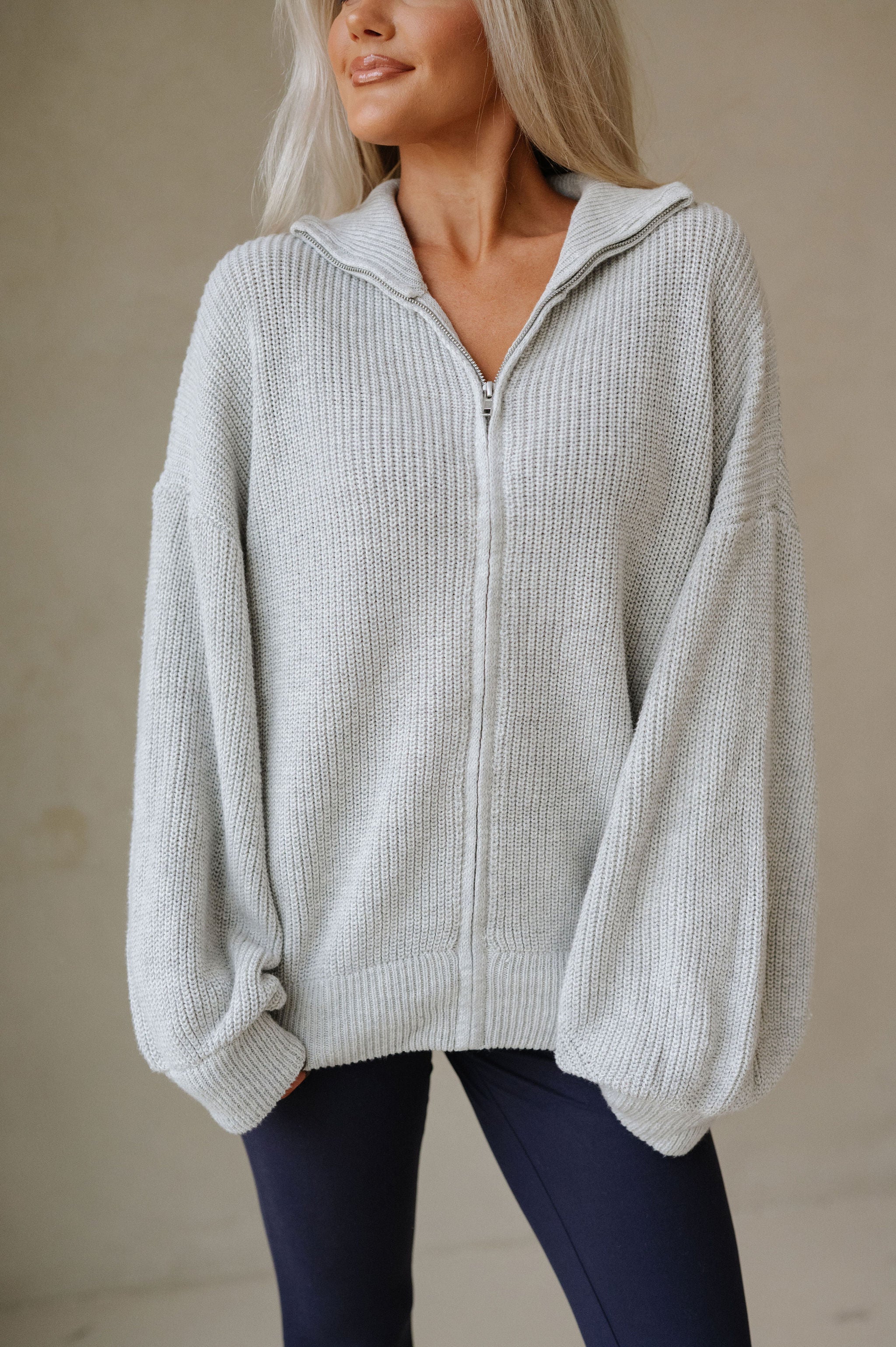 Zip Up Oversized Cardigan-Heather Grey