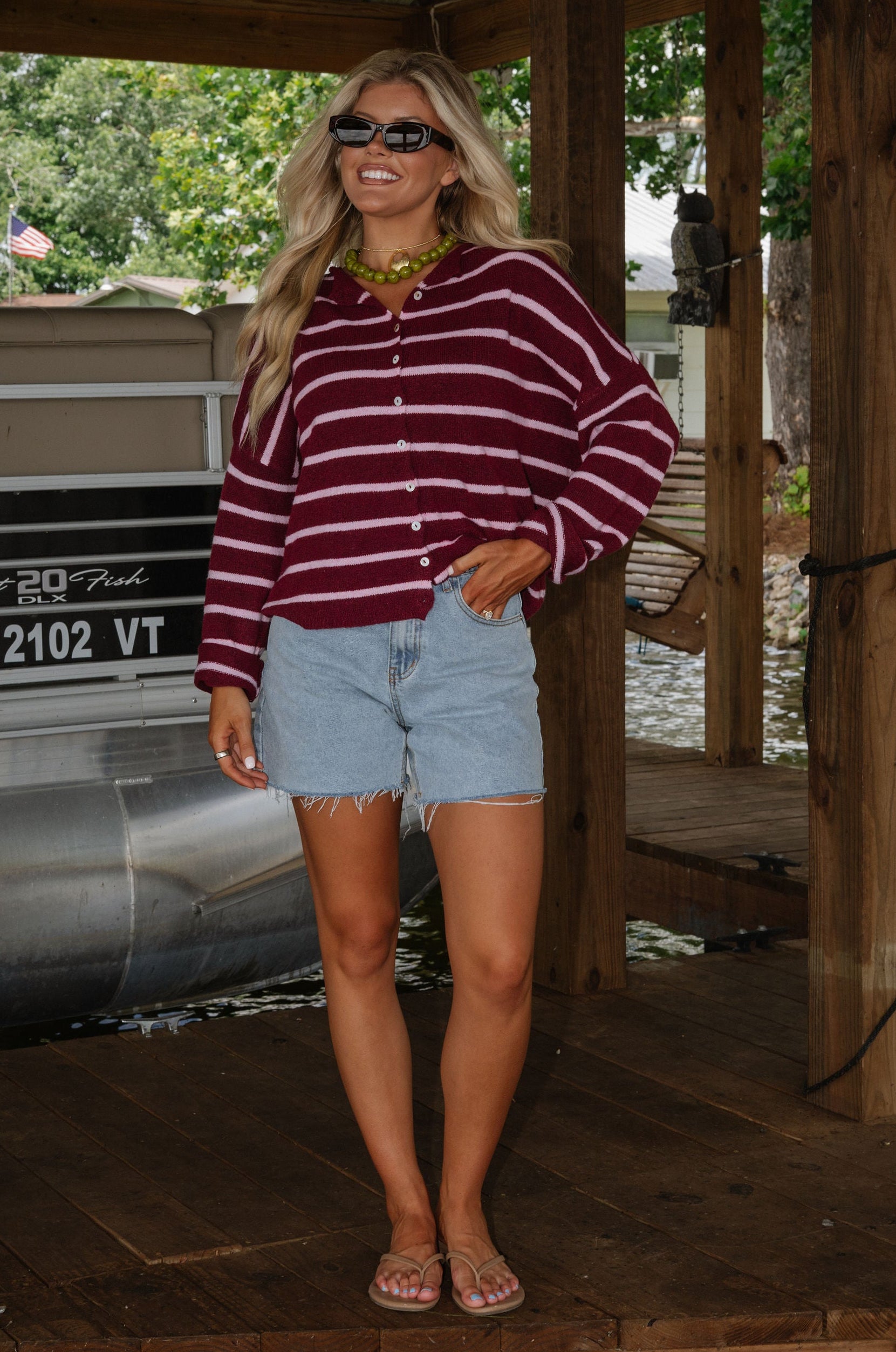 Cabana Striped Cardigan-Wine/Pink