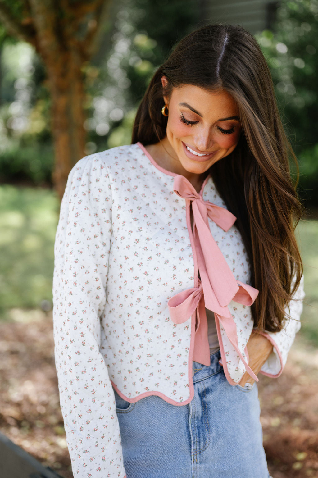 Floral Quilted Bow Jacket-Pink Floral