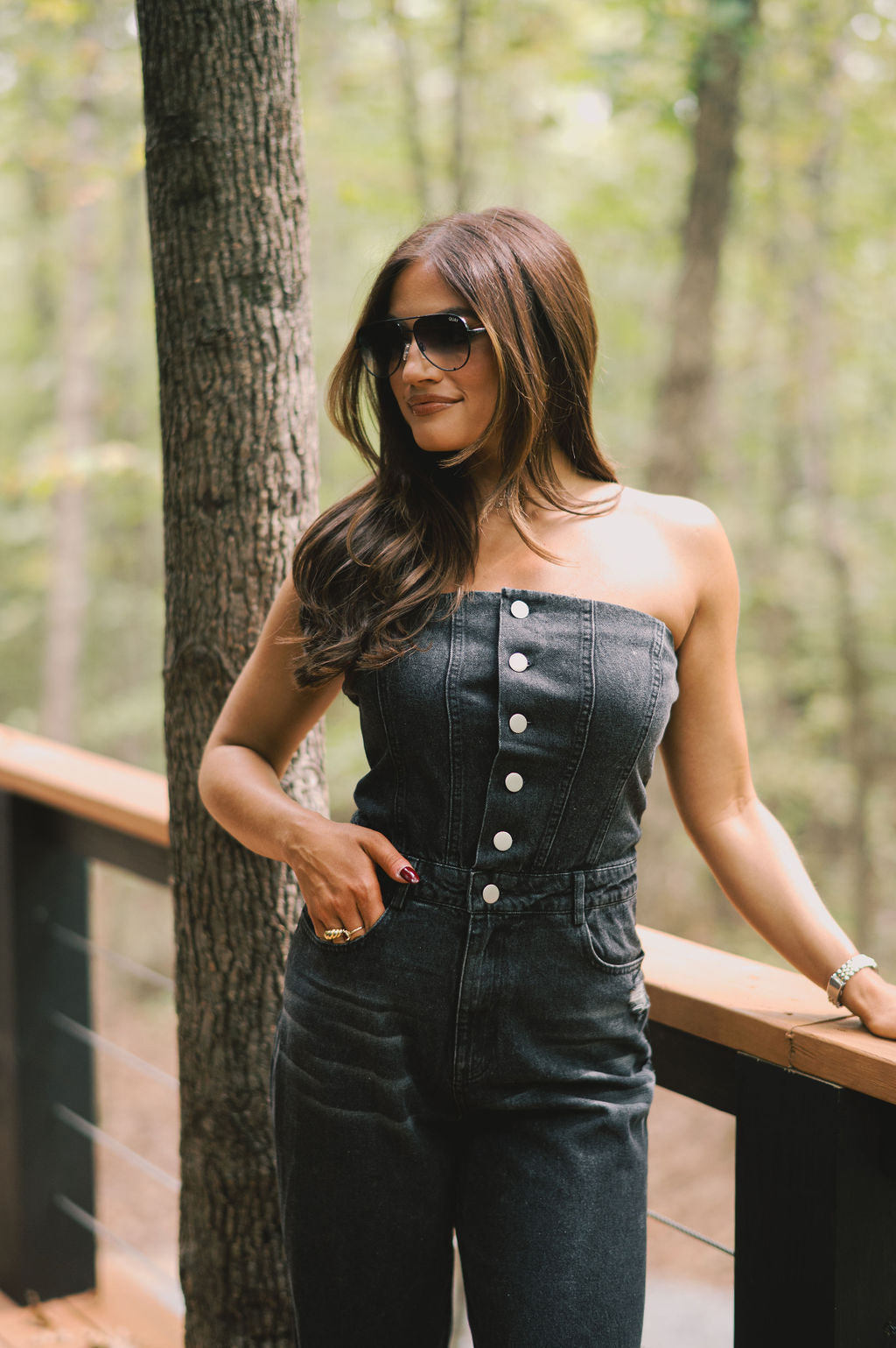 Button Up Denim Jumpsuit- Black Denim