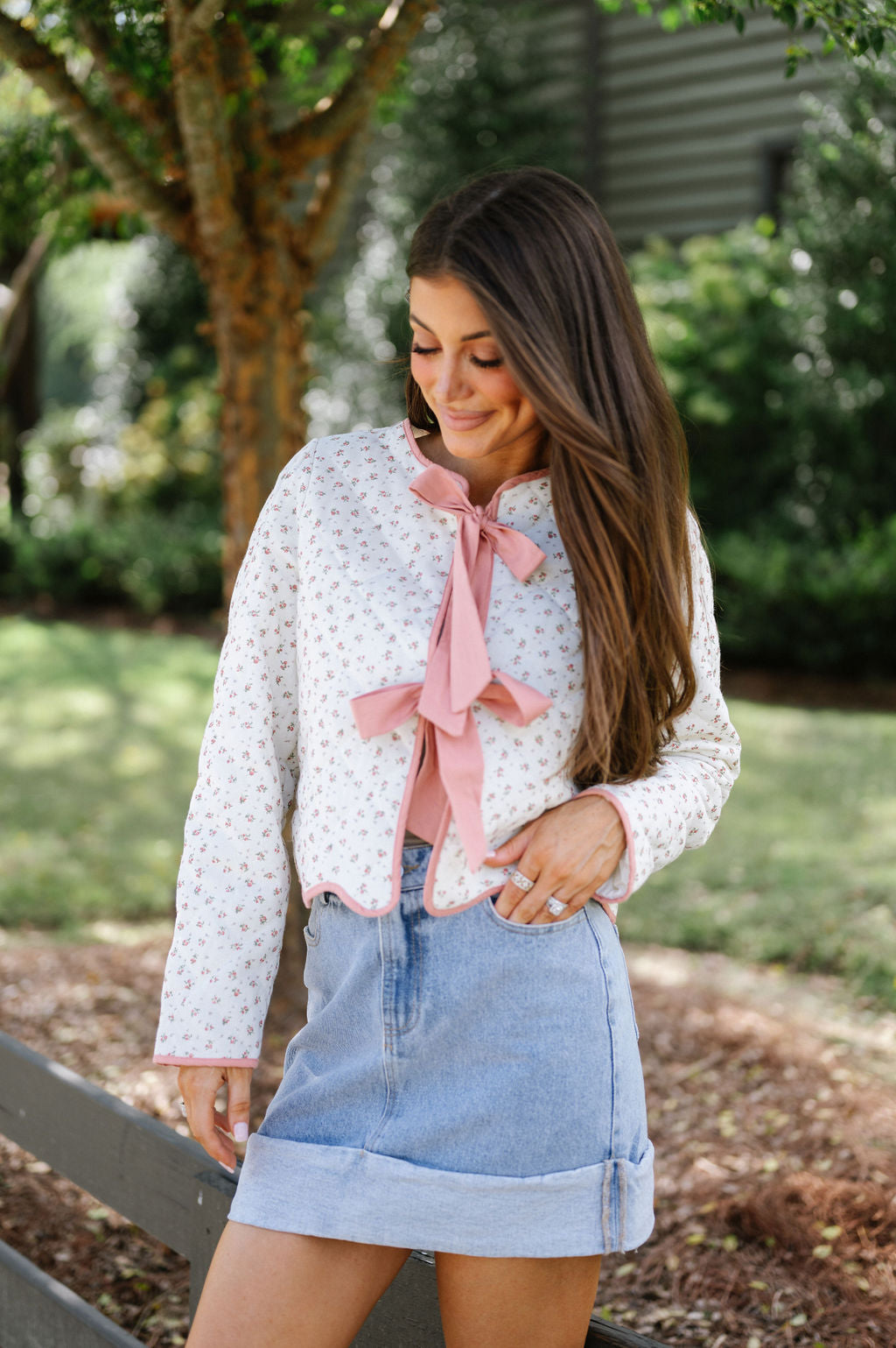 Floral Quilted Bow Jacket-Pink Floral