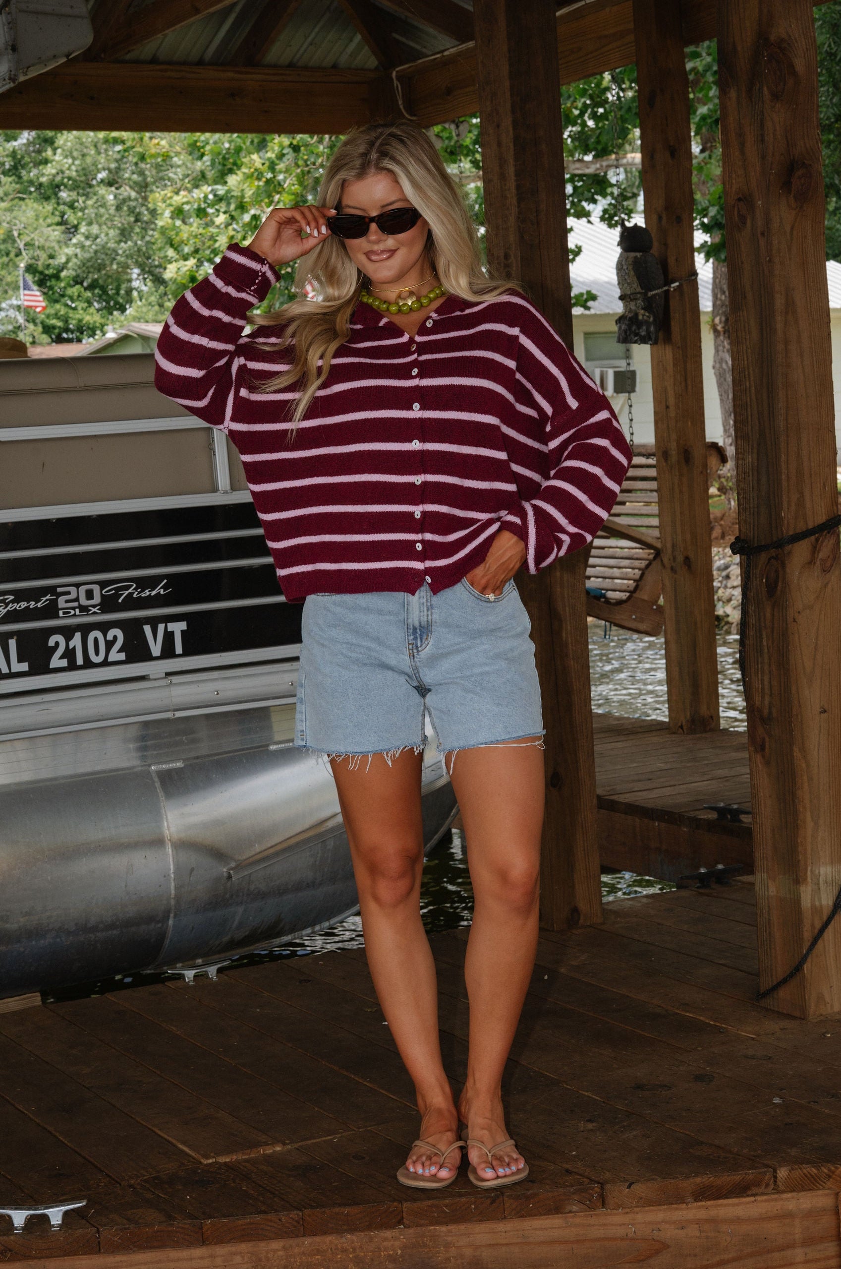 Cabana Striped Cardigan-Wine/Pink