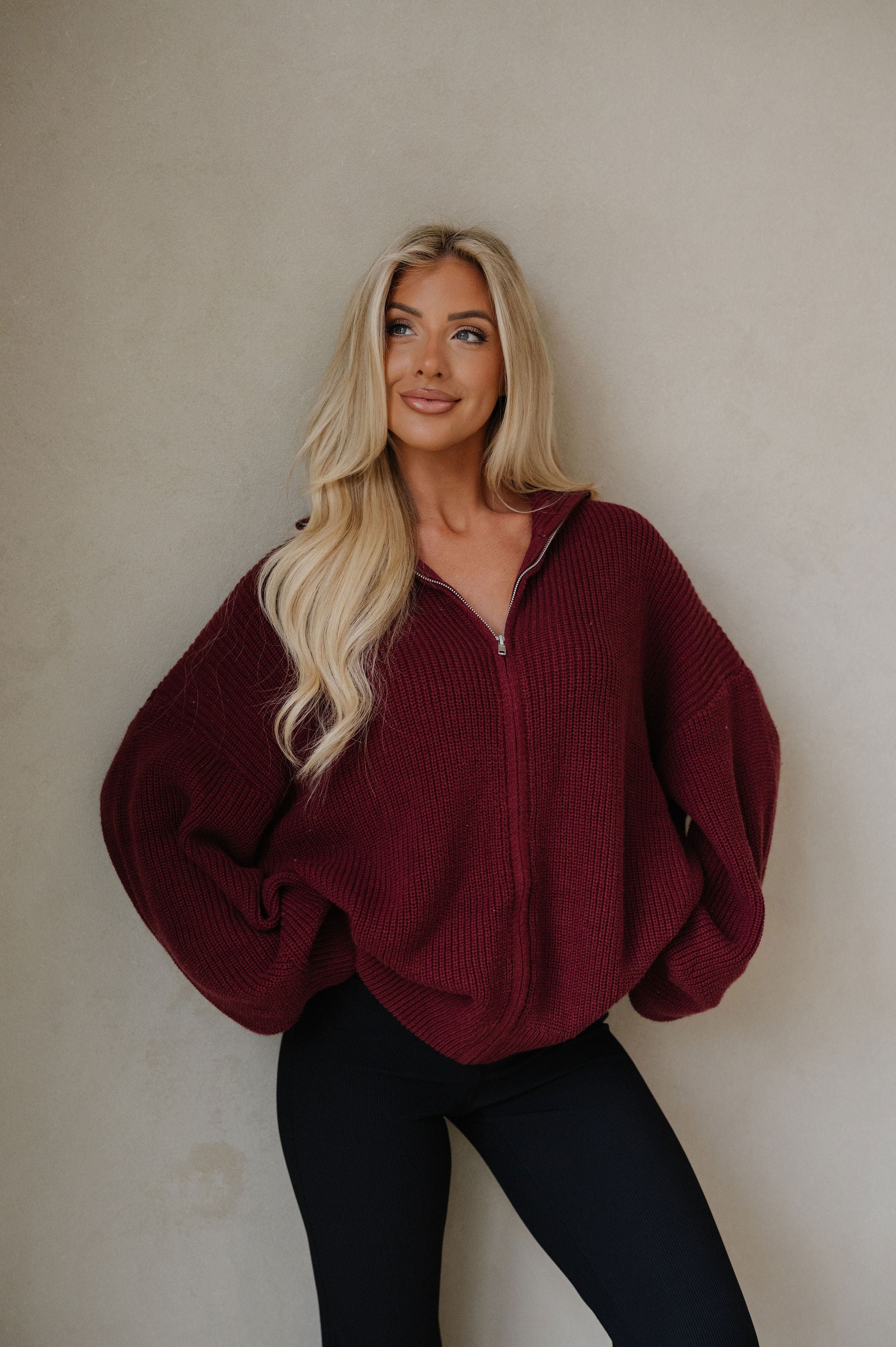 Zip Up Oversized Cardigan-Burgundy