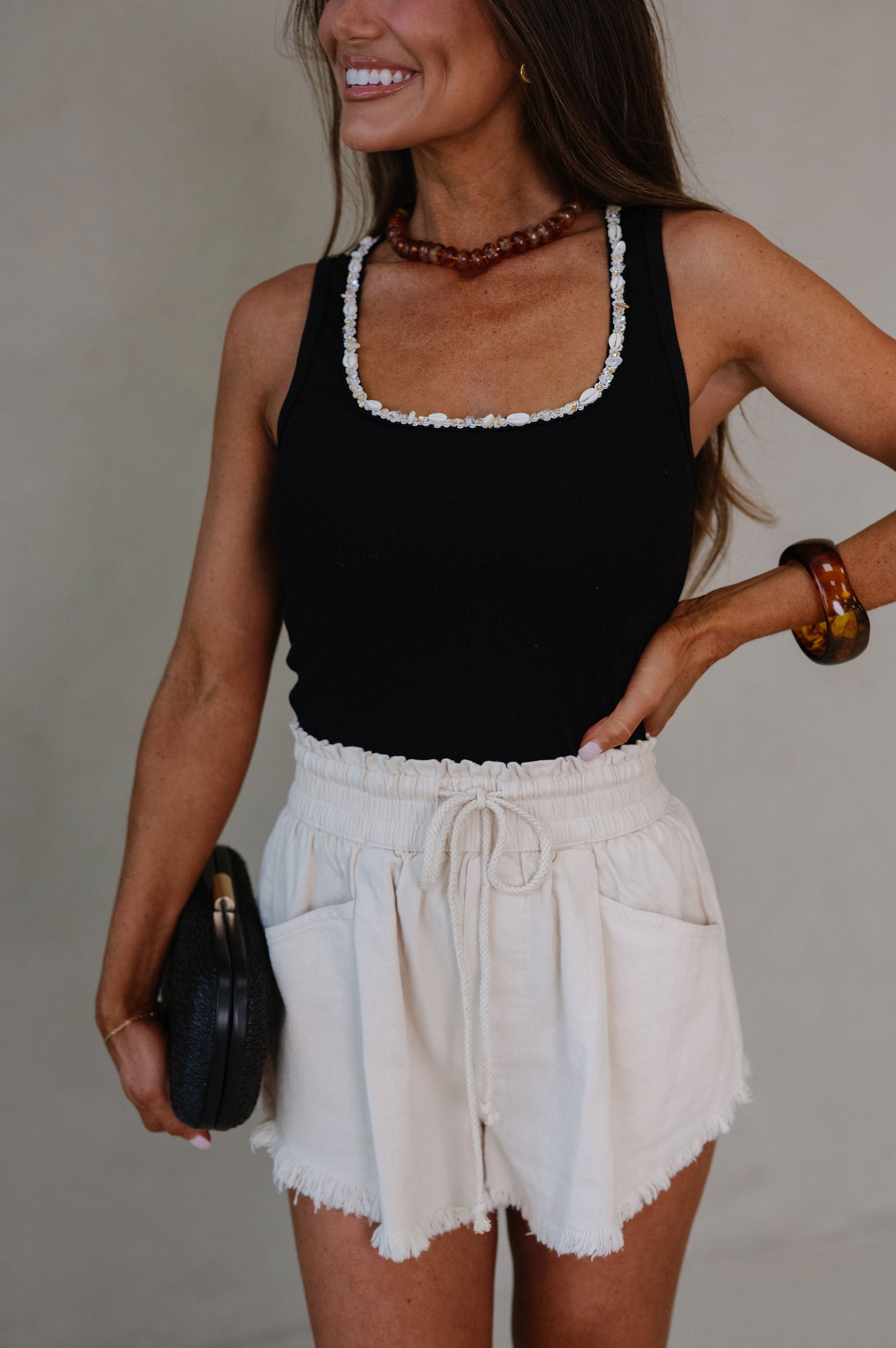 Frayed-Hem High Waist Shorts-Natural