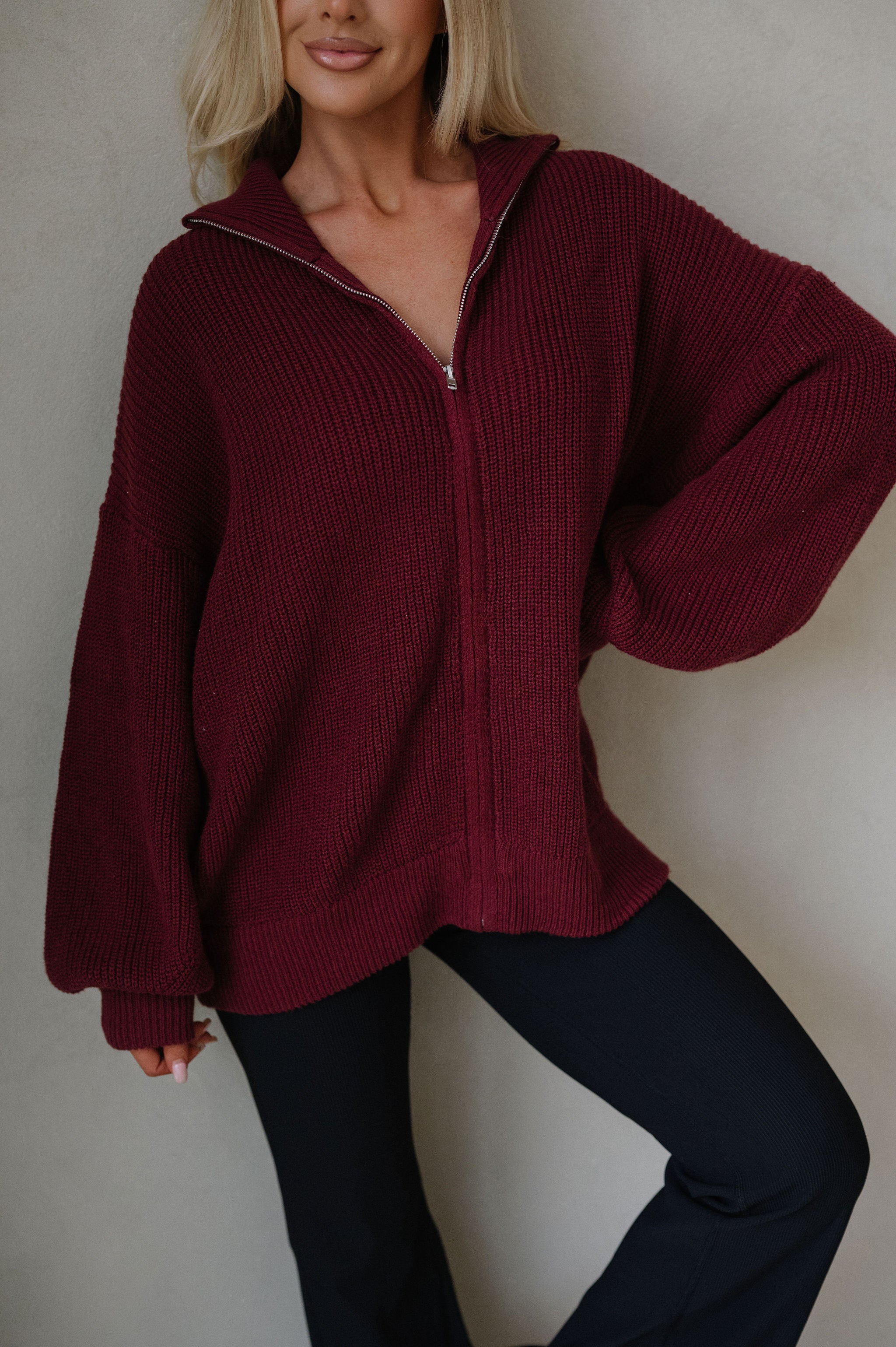 Zip Up Oversized Cardigan-Burgundy