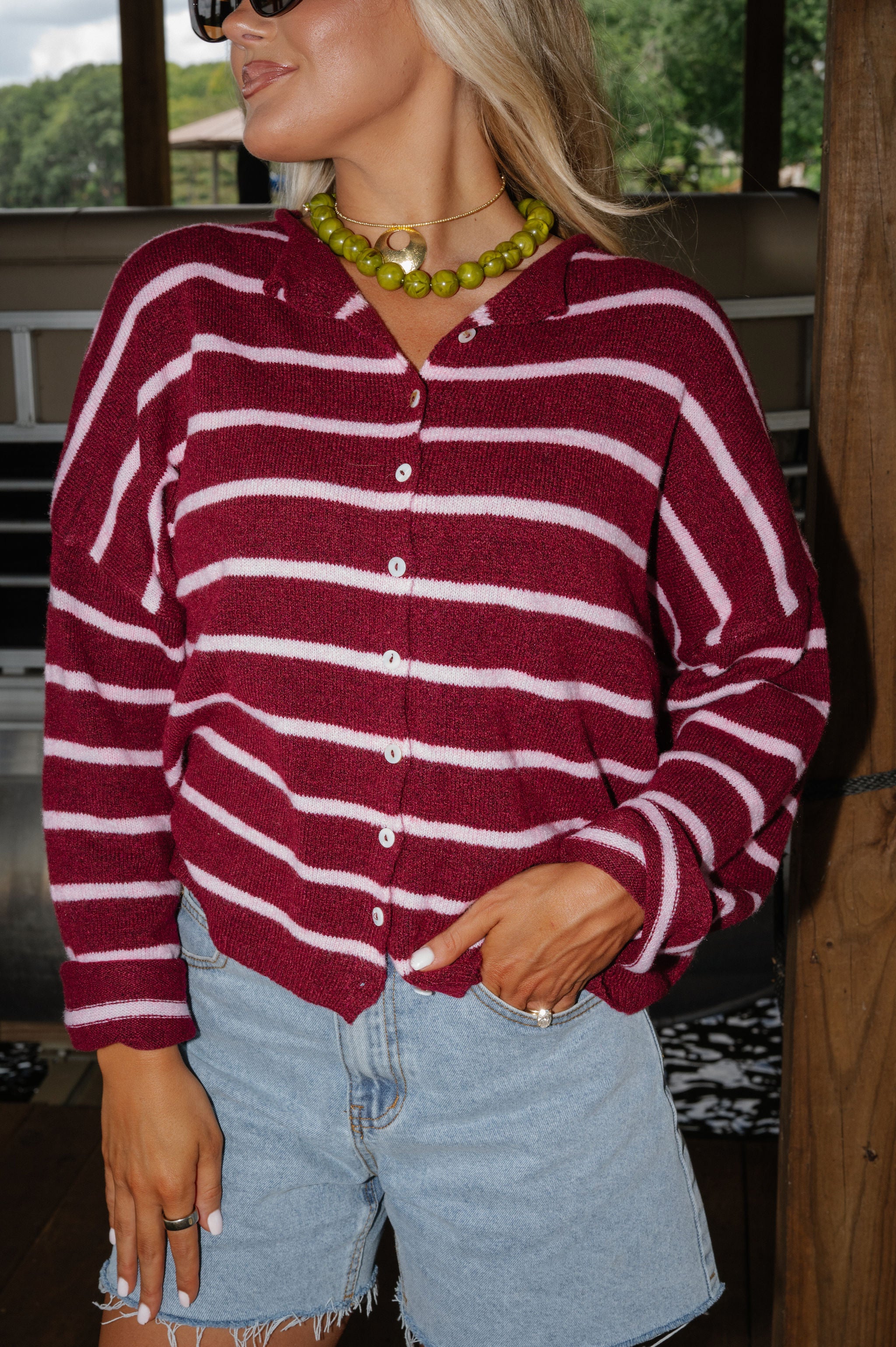 Cabana Striped Cardigan-Wine/Pink