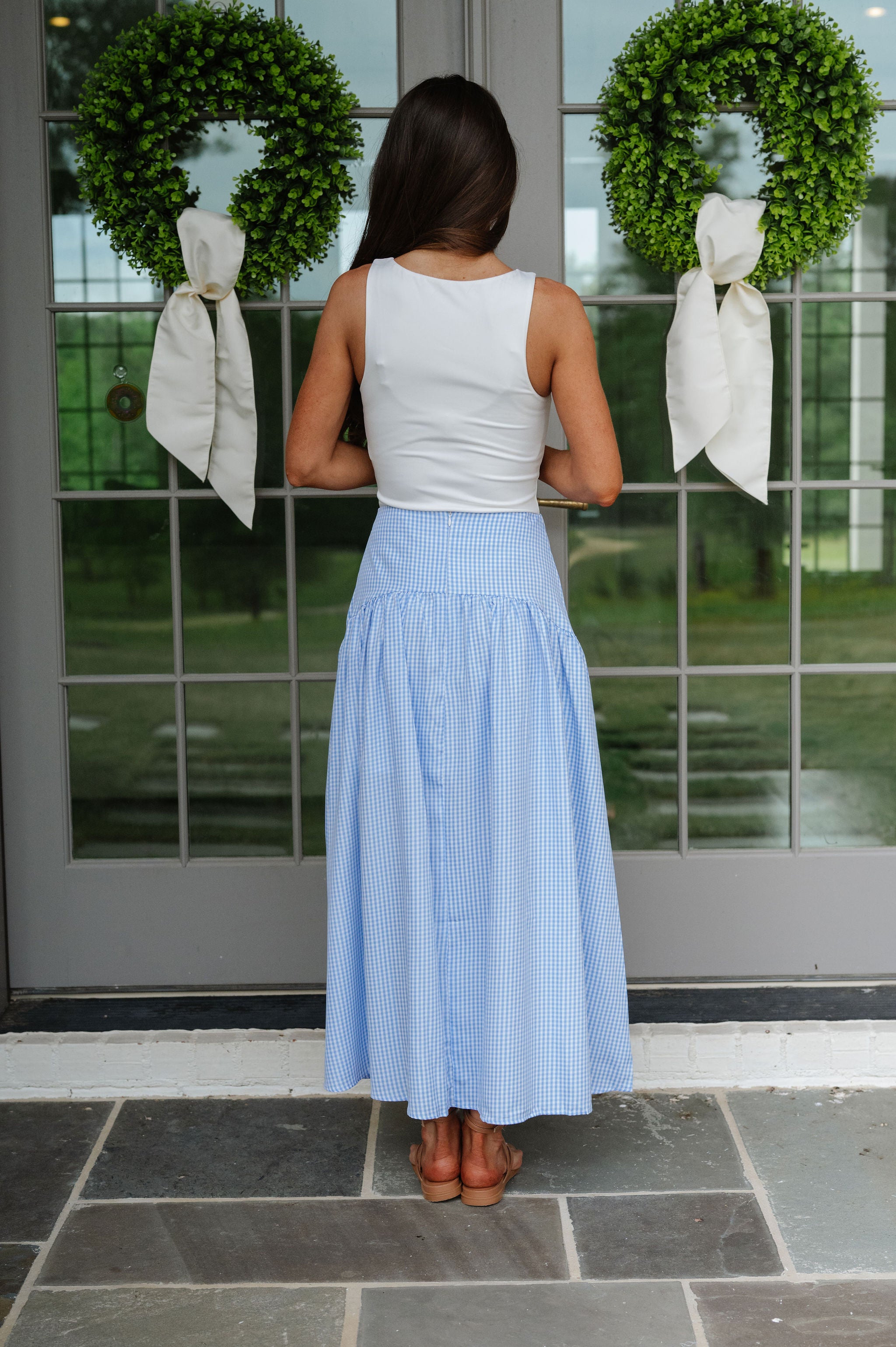 Stevie Gingham Maxi Skirt-Ocean Blue/White