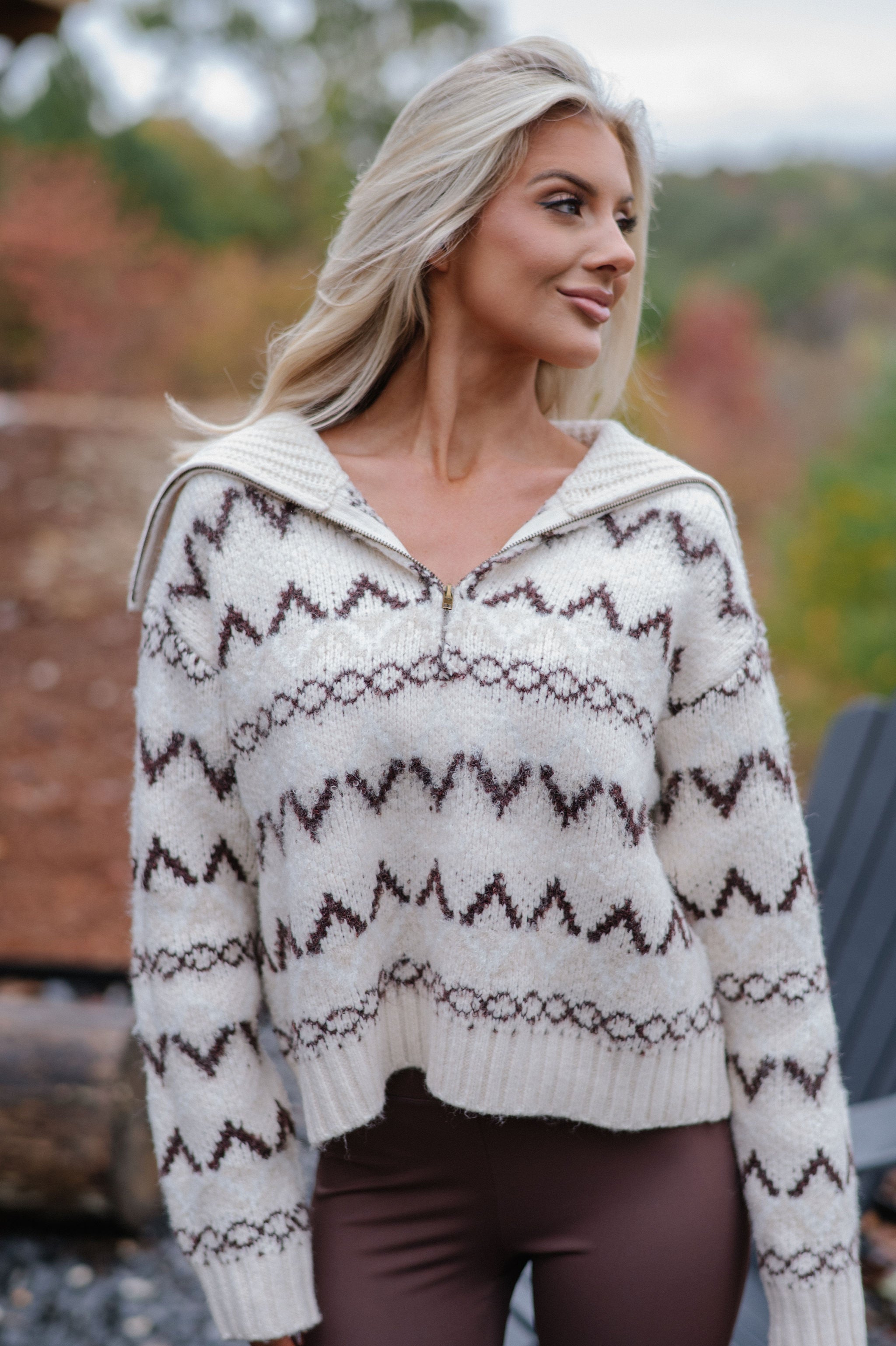 Dallas Half Zip Pullover-Cream/Brown