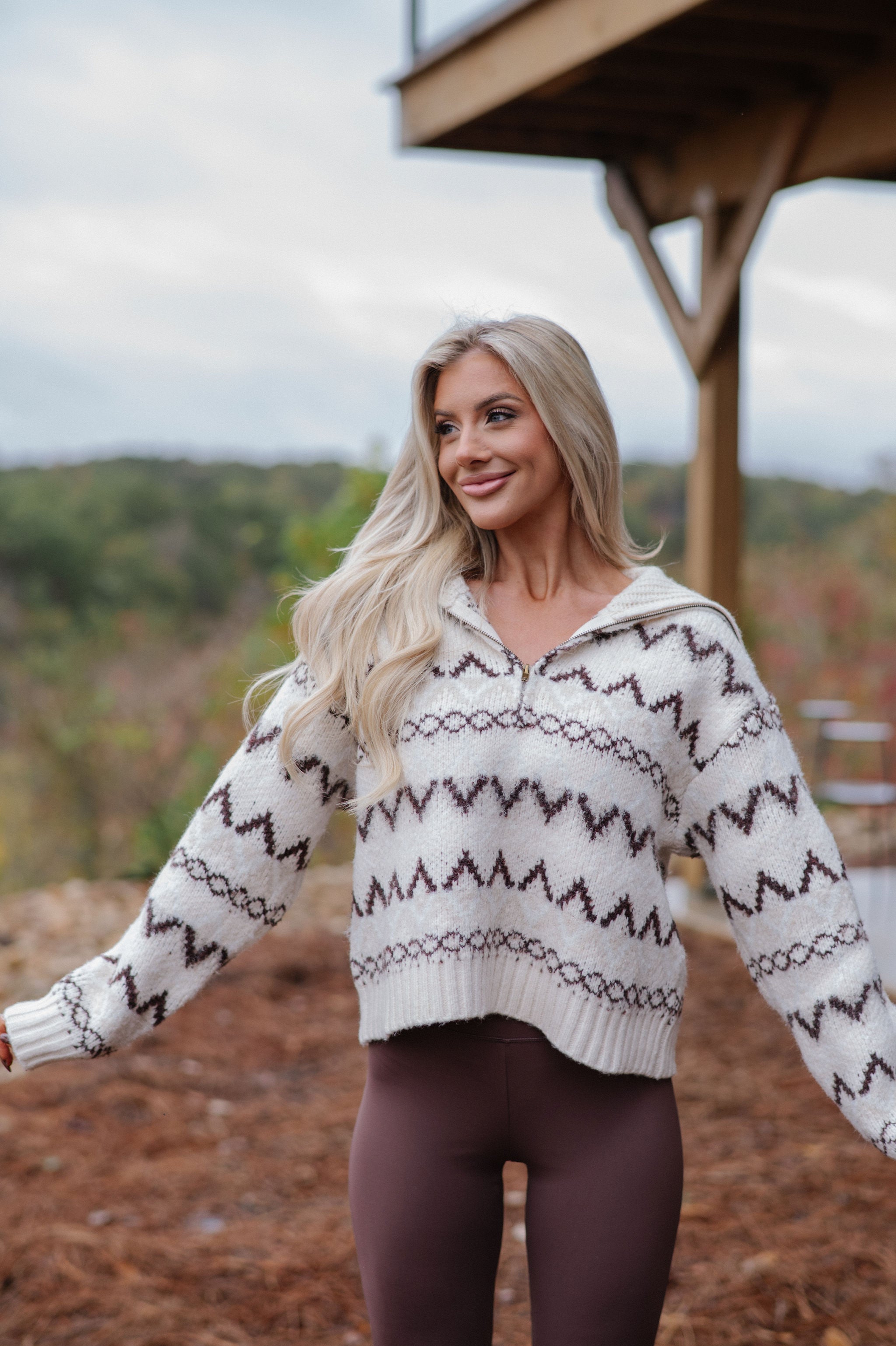 Dallas Half Zip Pullover-Cream/Brown