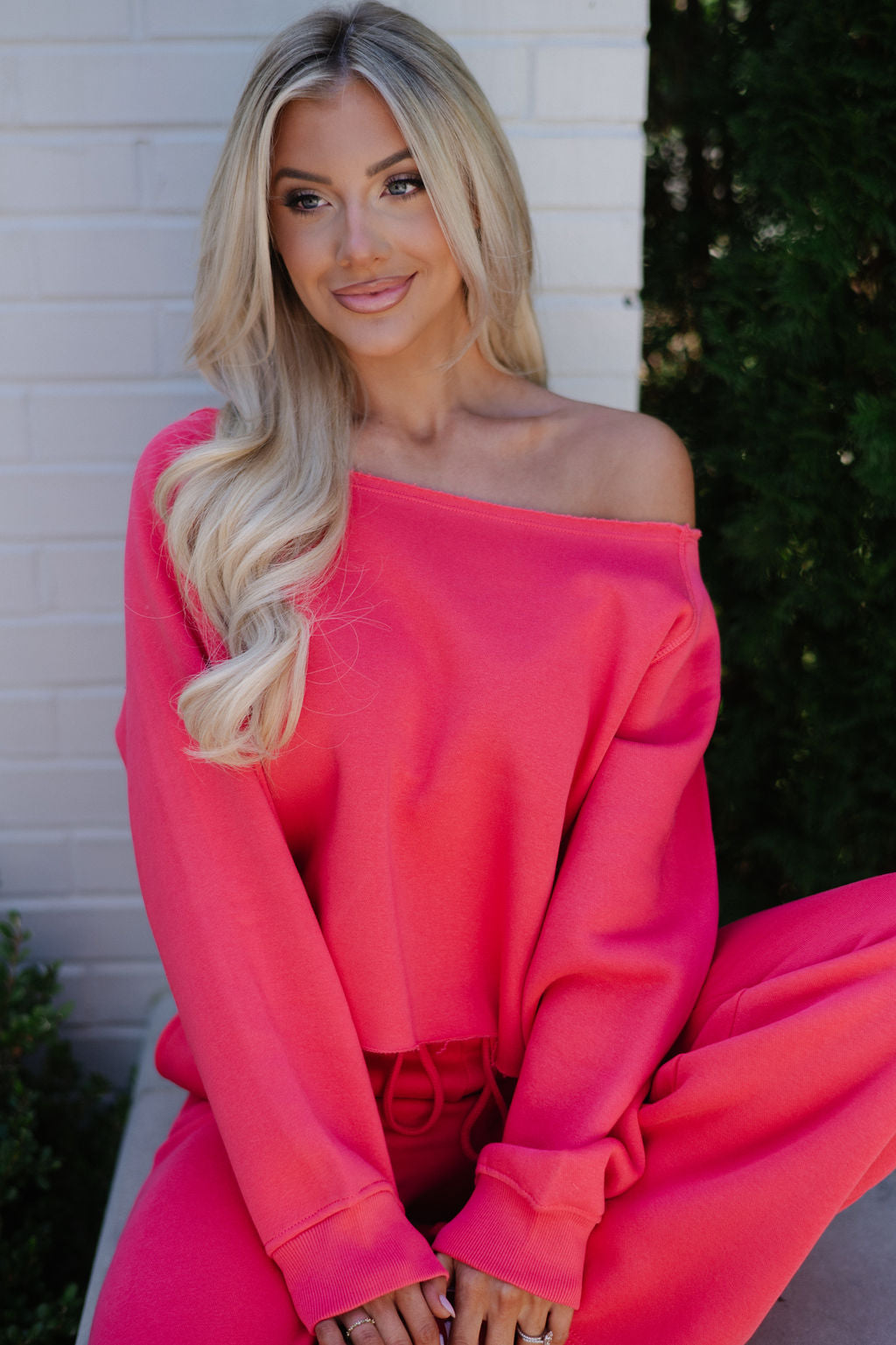 Fleece Off The Shoulder Top-Cherry