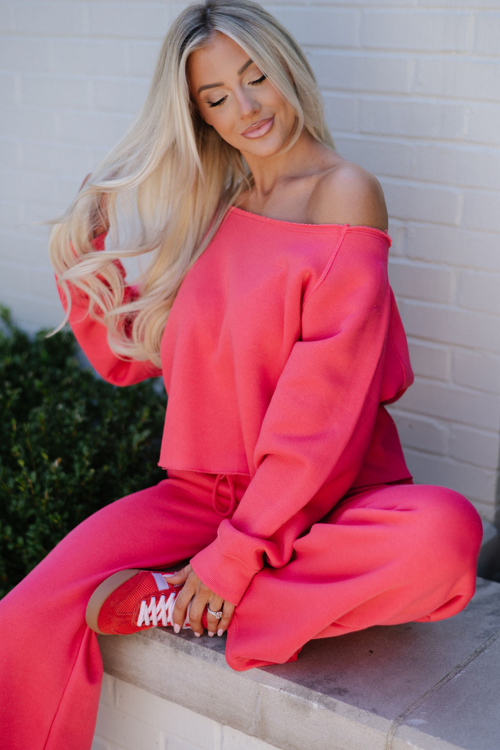 Fleece Off The Shoulder Top-Cherry