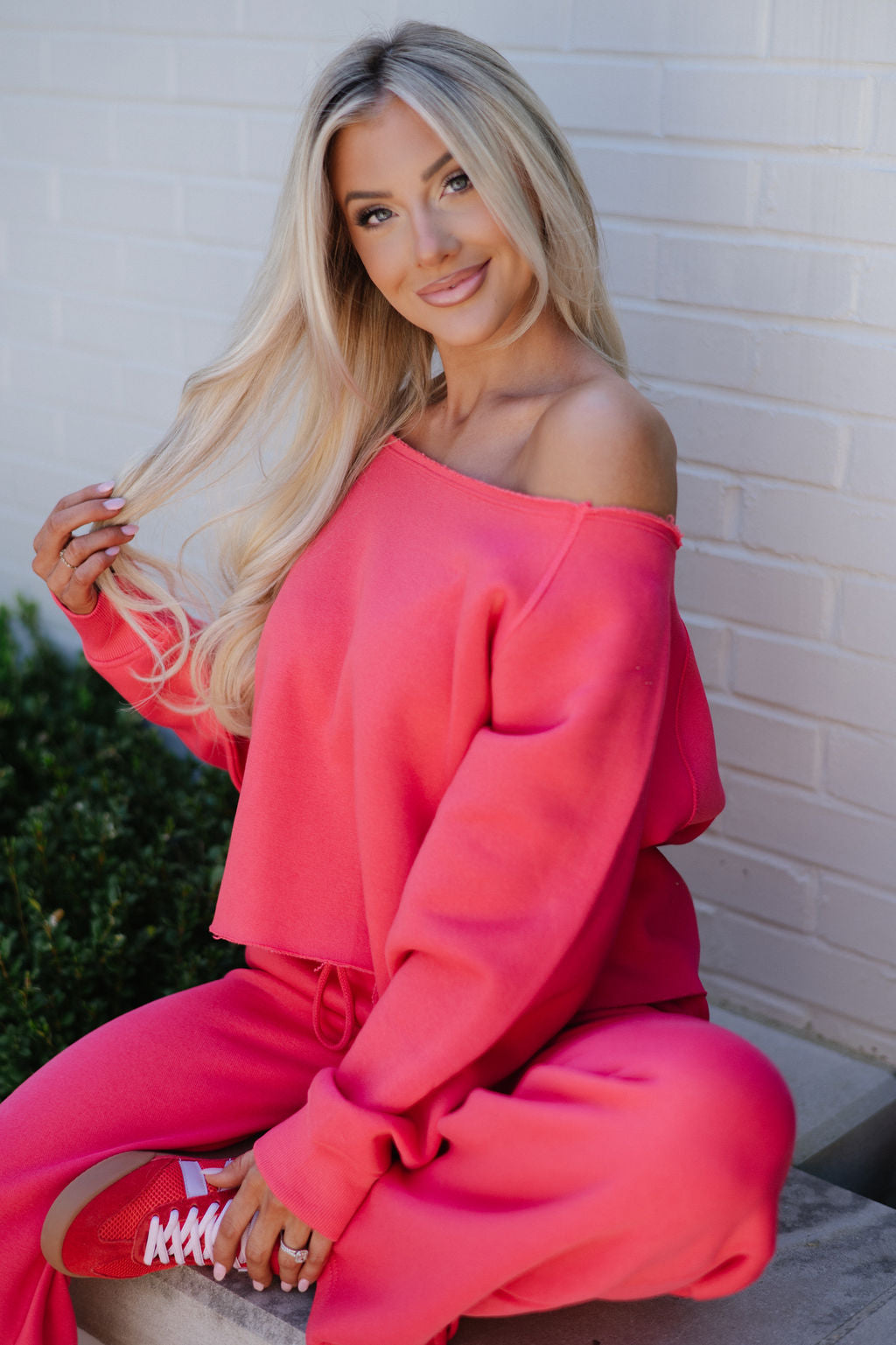 Fleece Off The Shoulder Top-Cherry