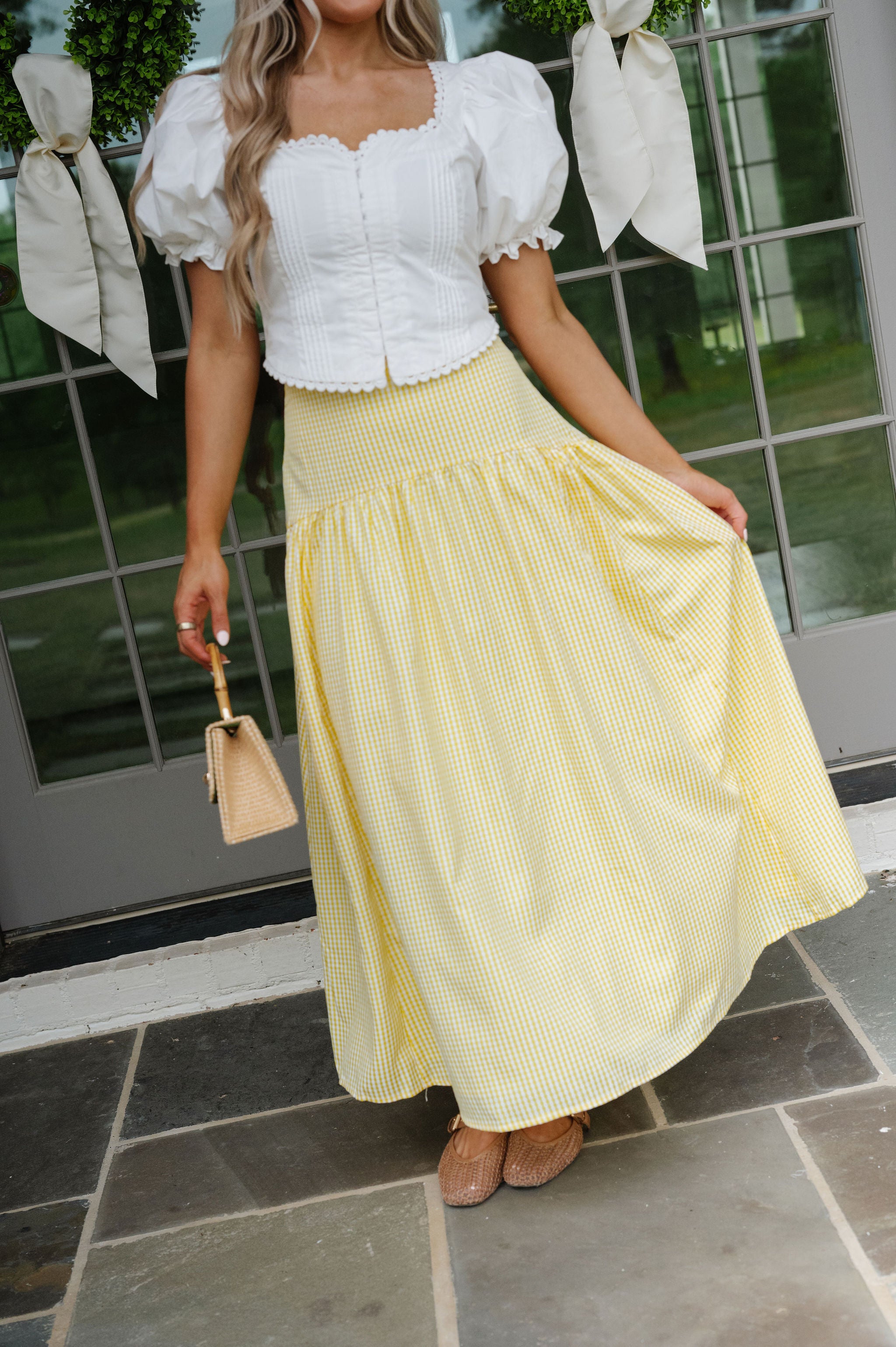 Stevie Gingham Maxi Skirt-Lemon/White
