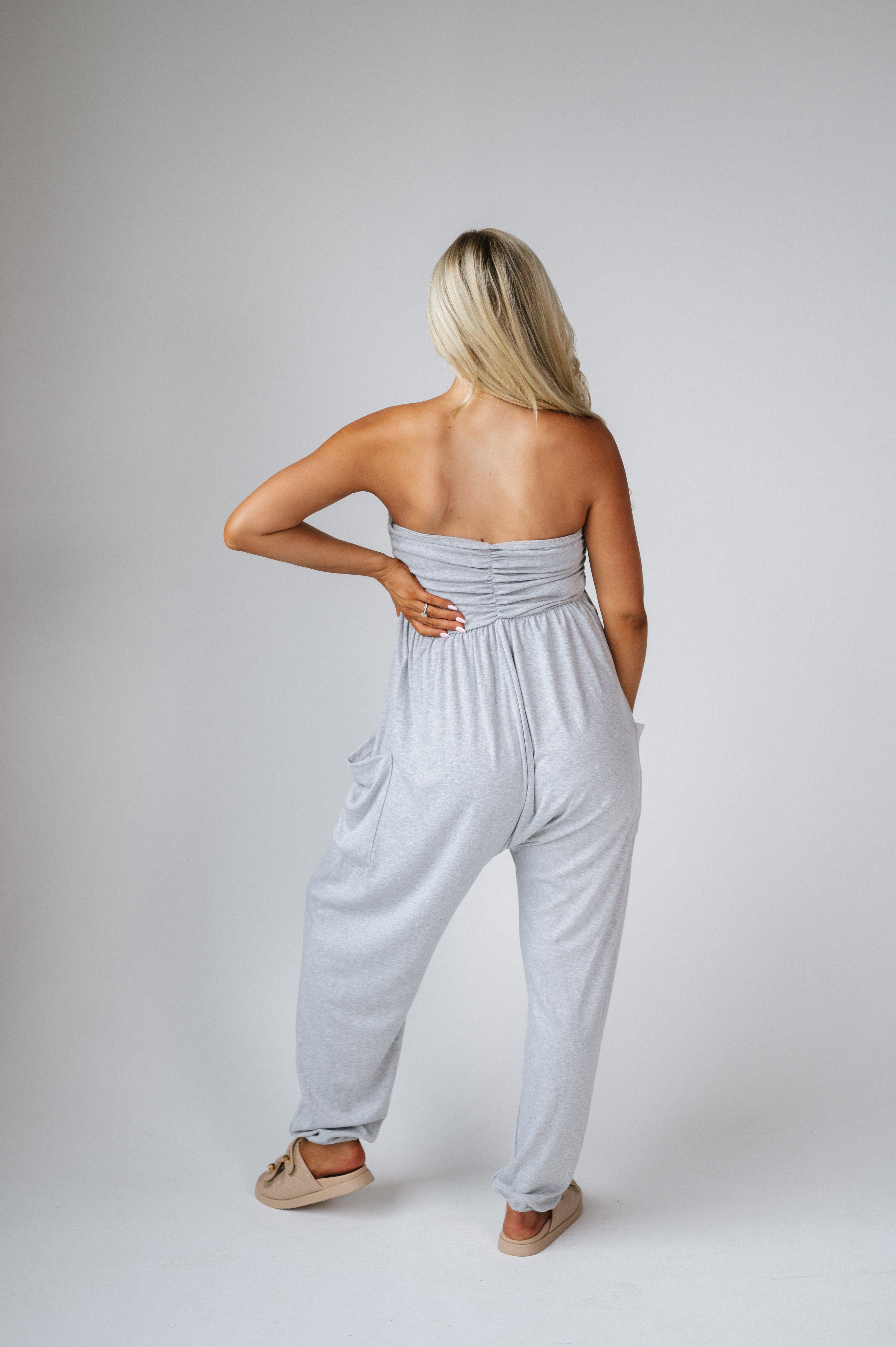 Strapless Ruched Baggy Jumpsuit-Heather Grey