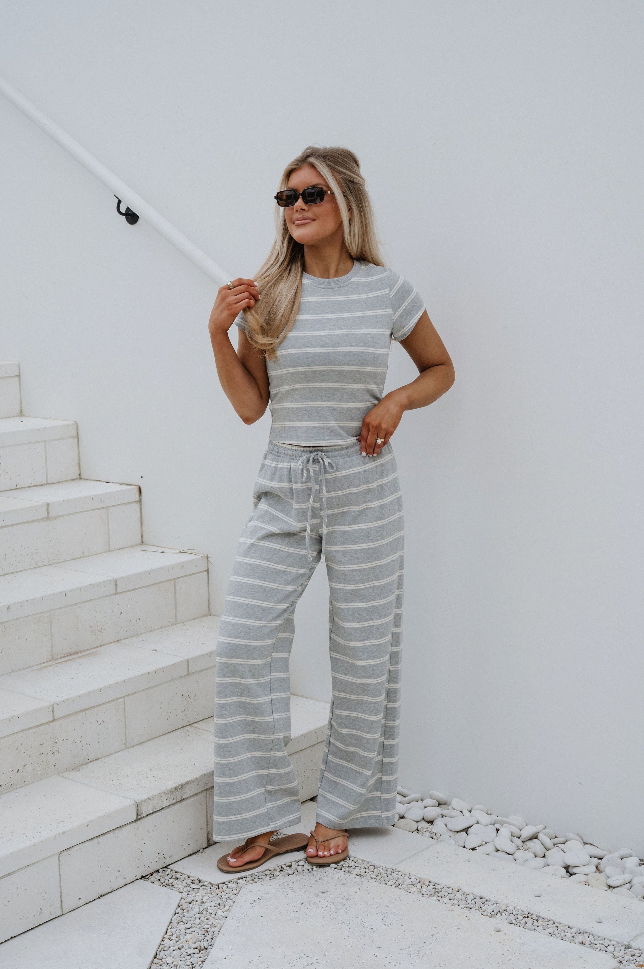 Jenna Striped Pants Set-Grey/Cream