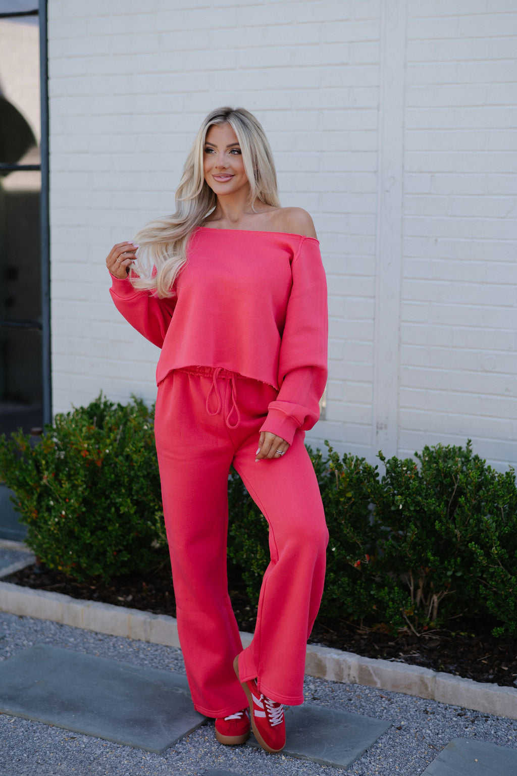 Fleece Off The Shoulder Top-Cherry